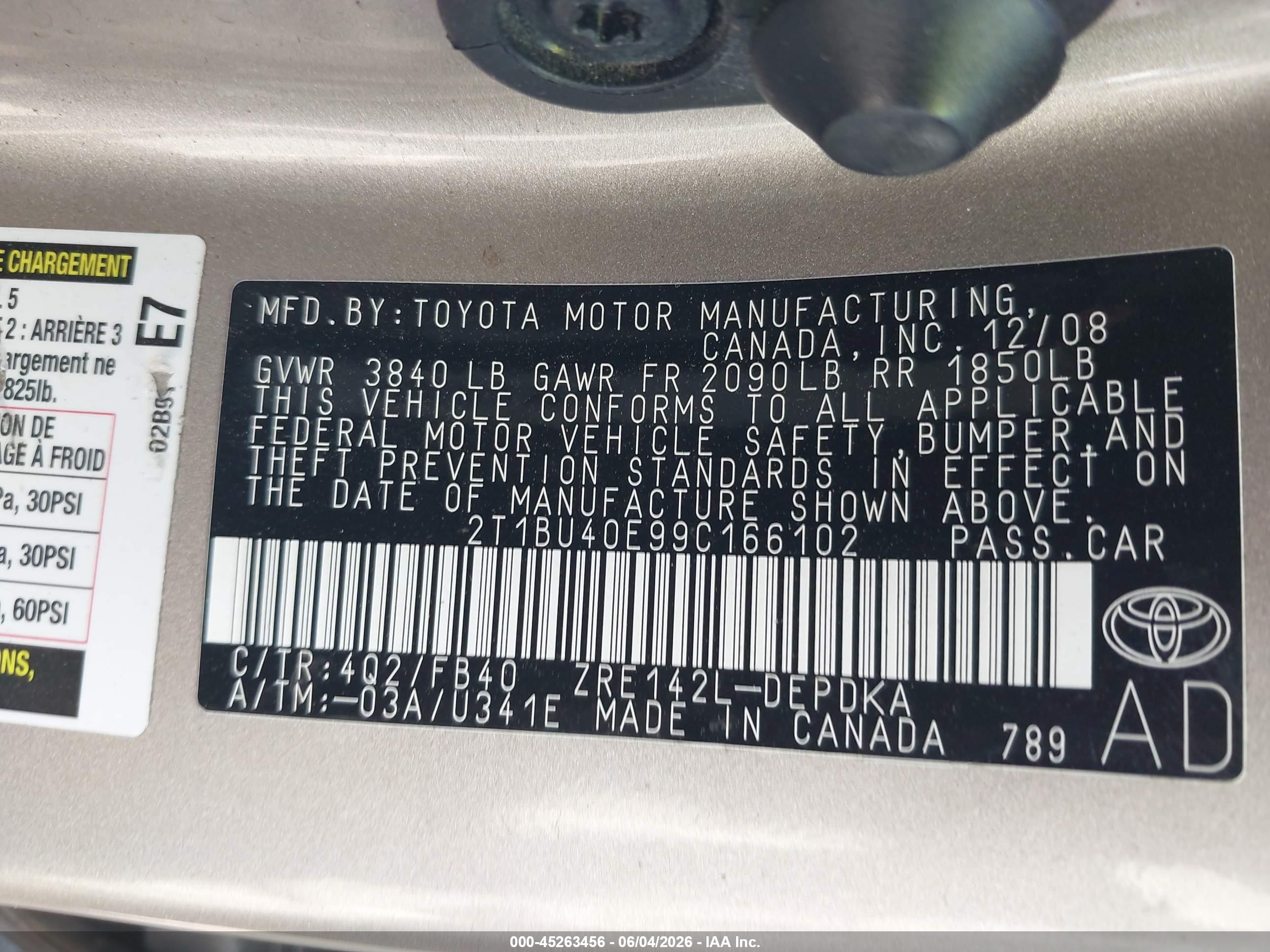 2009 Toyota Corolla Le Gold vin: 2T1BU40E99C166102