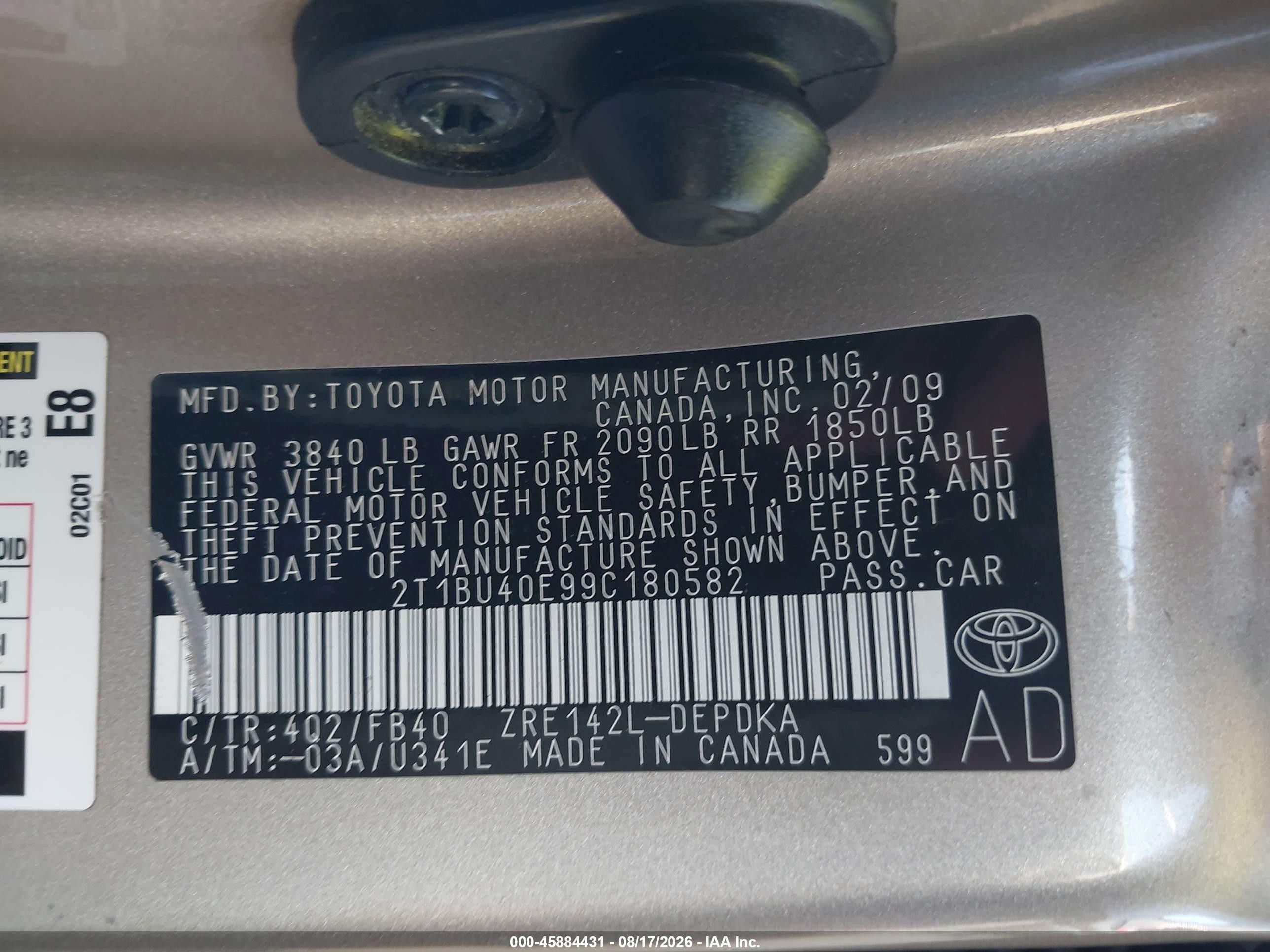 2009 Toyota Corolla Le Gold vin: 2T1BU40E99C180582