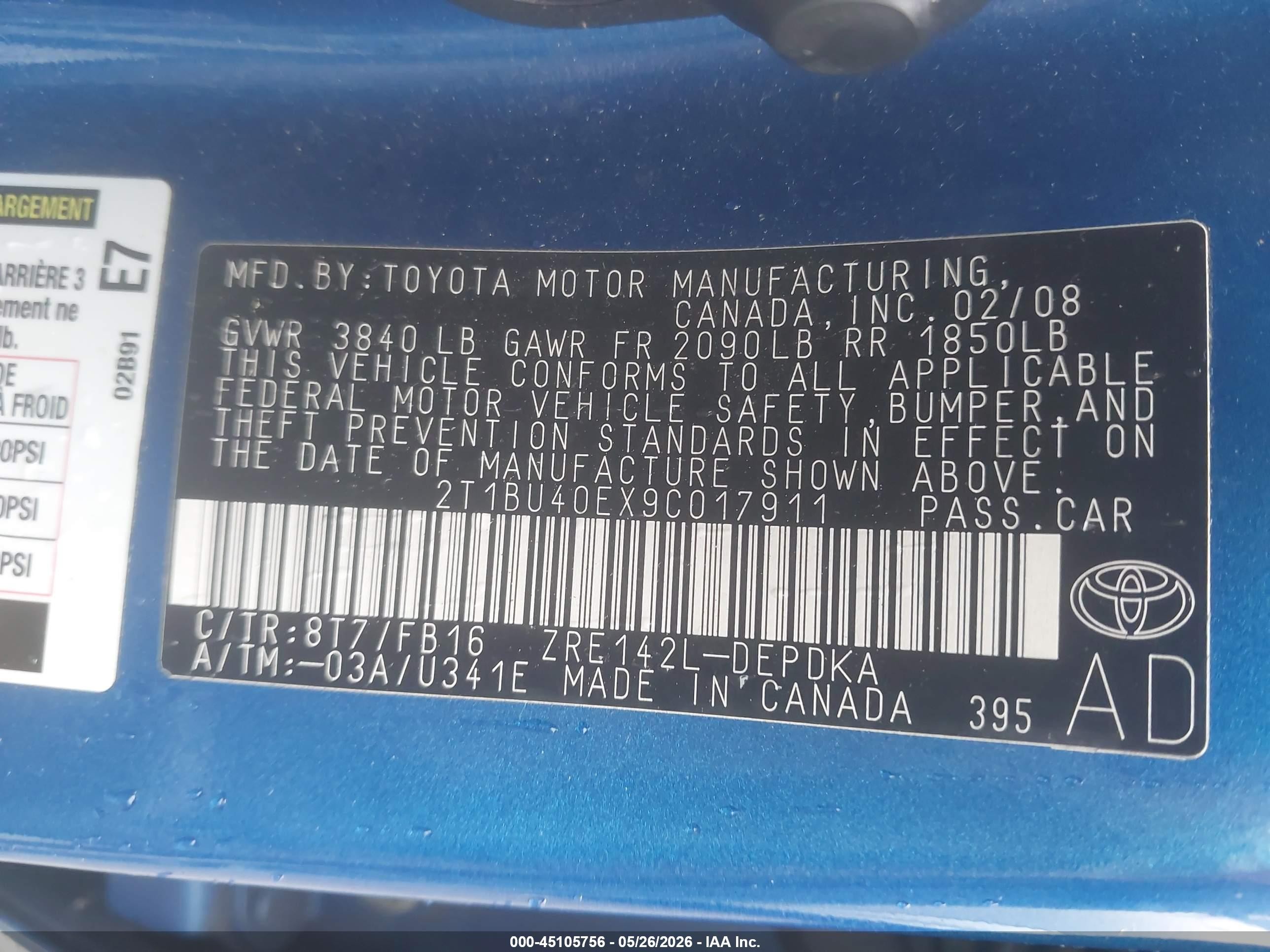 2009 Toyota Corolla Le Blue vin: 2T1BU40EX9C017911
