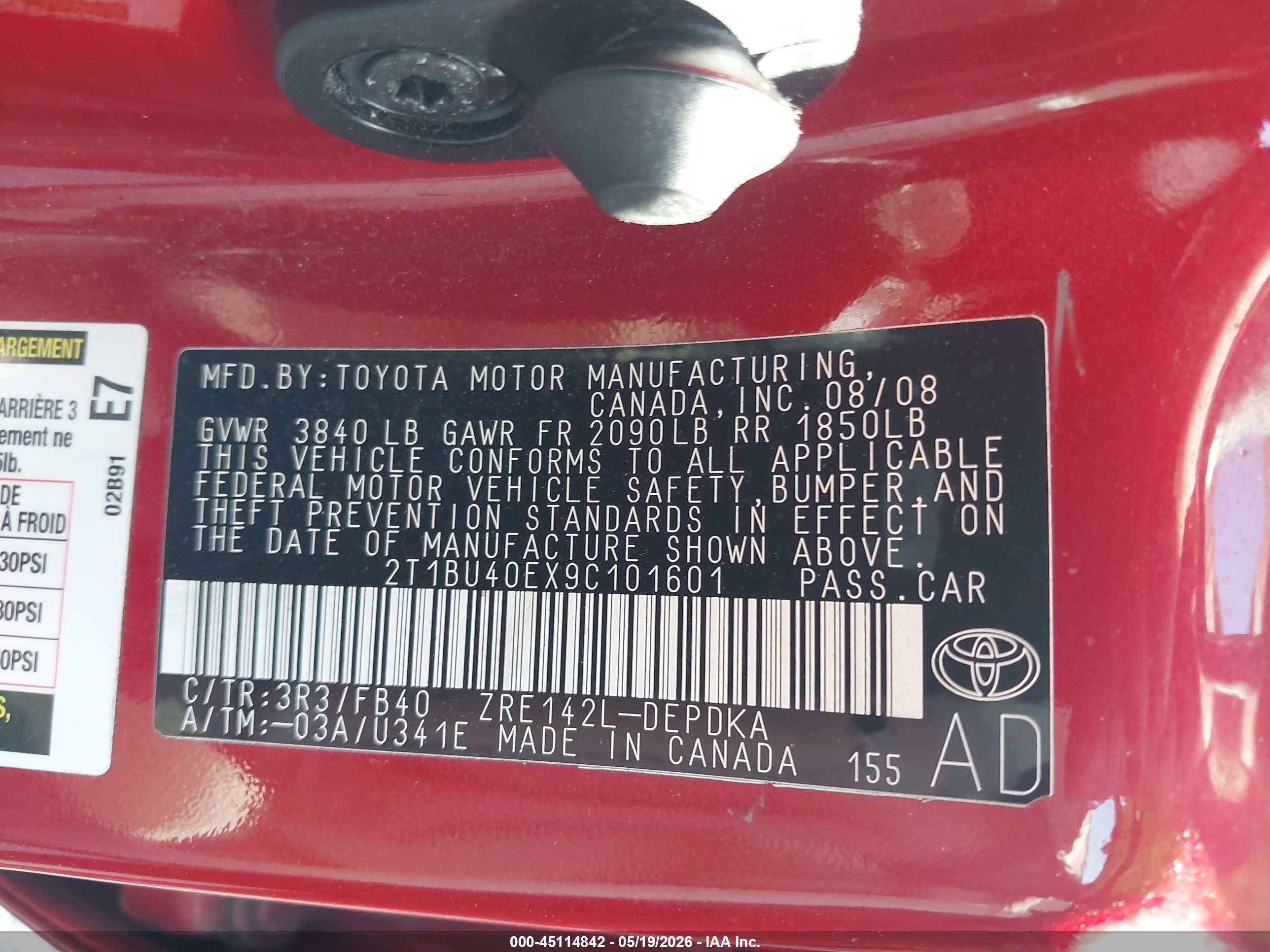 2009 Toyota Corolla Le Red vin: 2T1BU40EX9C101601