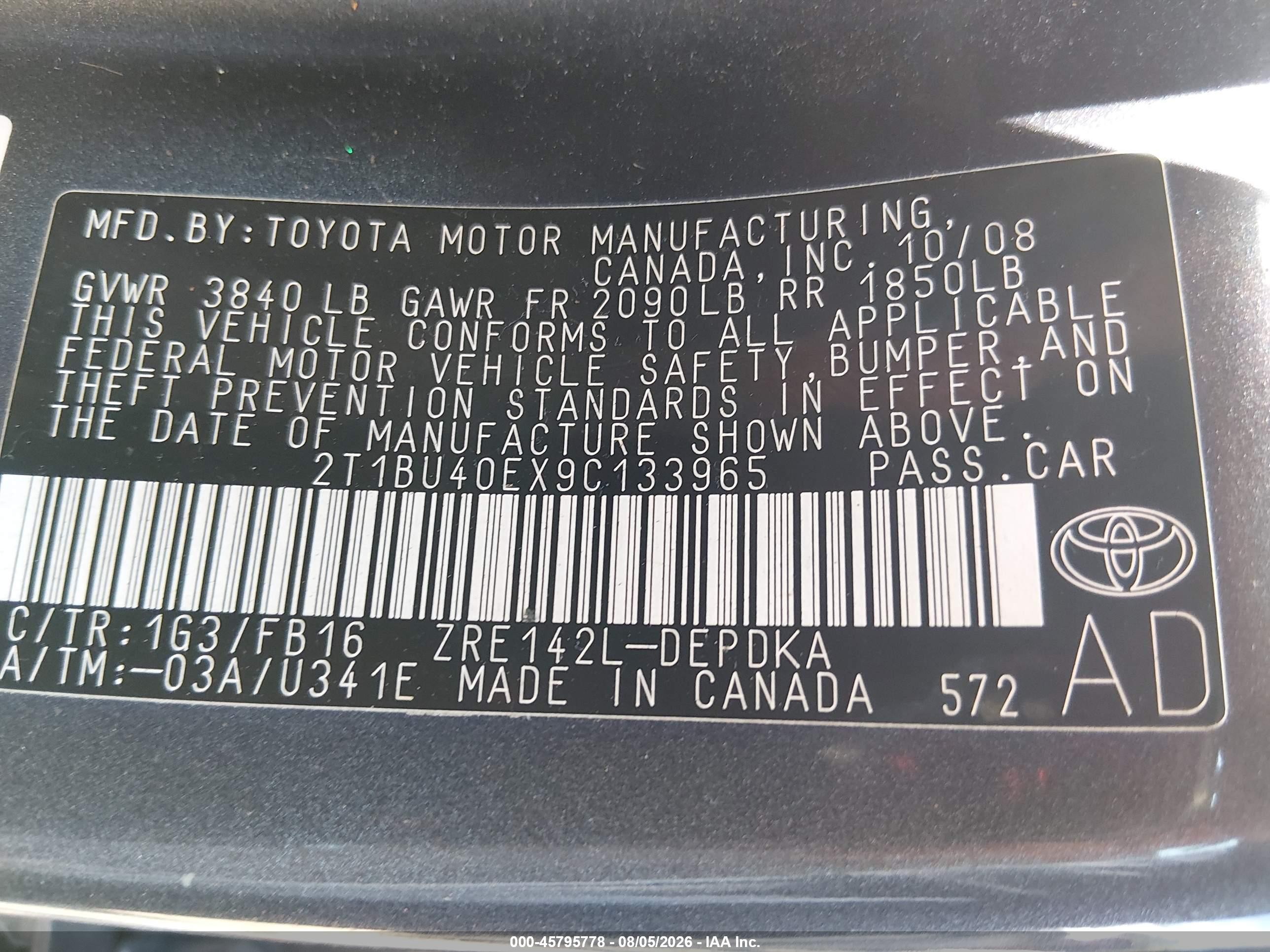 2009 Toyota Corolla Le Gray vin: 2T1BU40EX9C133965