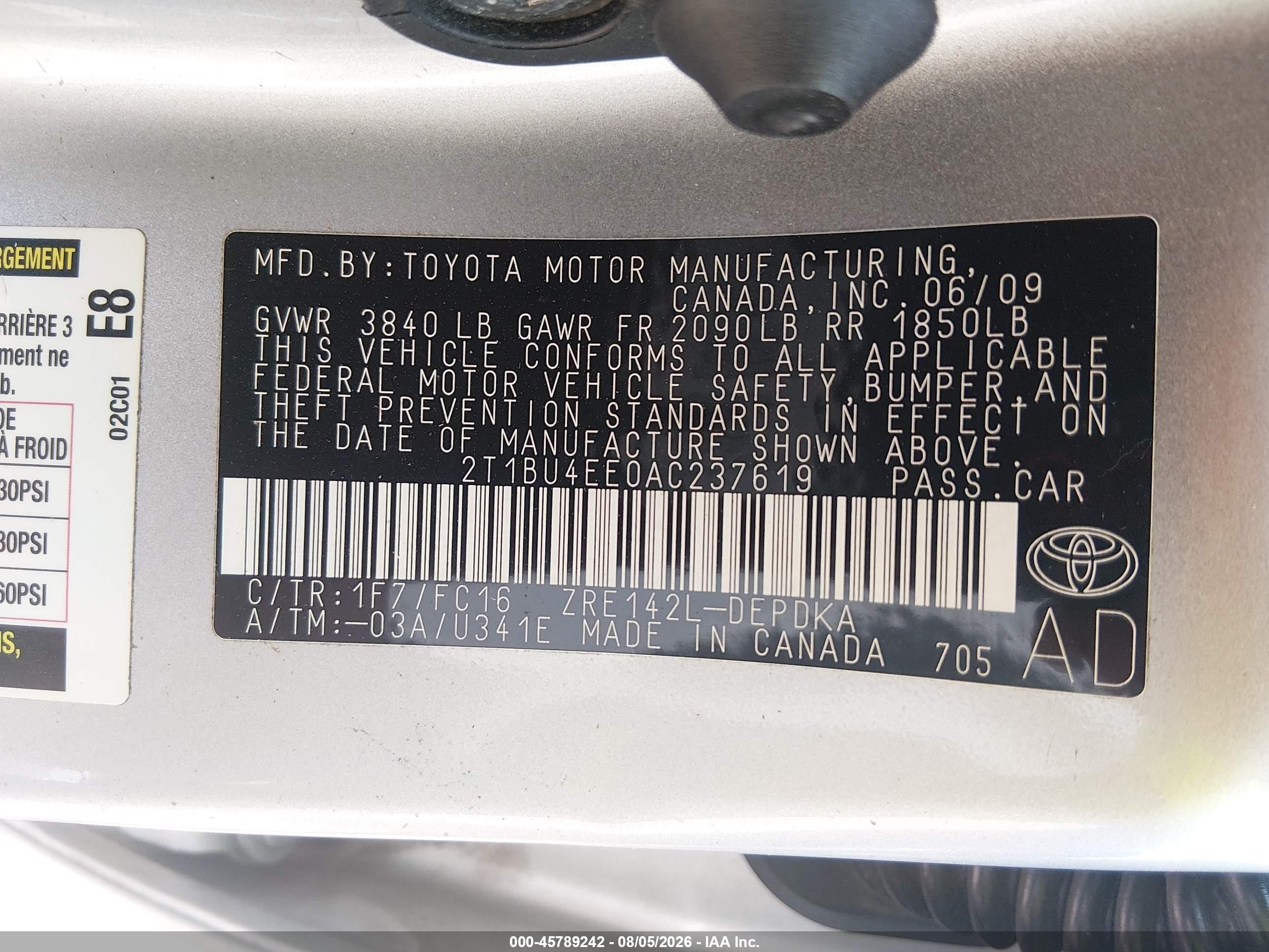 2010 Toyota Corolla Le Silver vin: 2T1BU4EE0AC237619