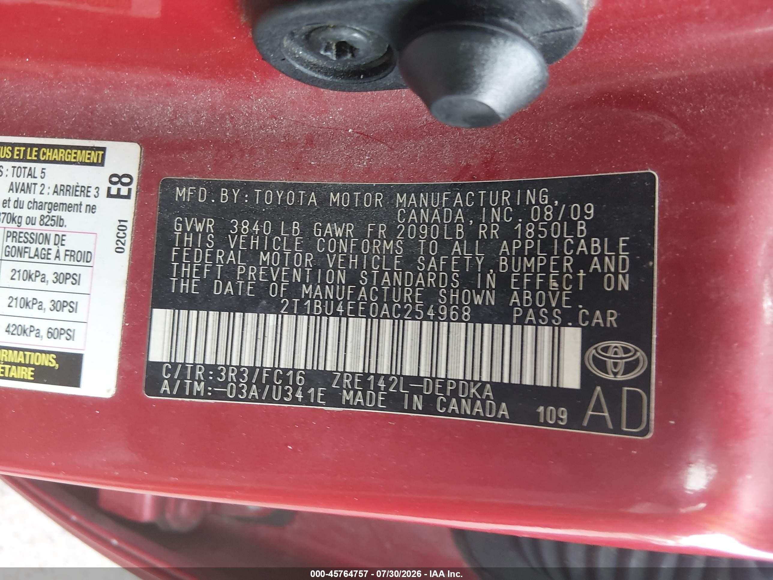 2010 Toyota Corolla Le Красный vin: 2T1BU4EE0AC254968