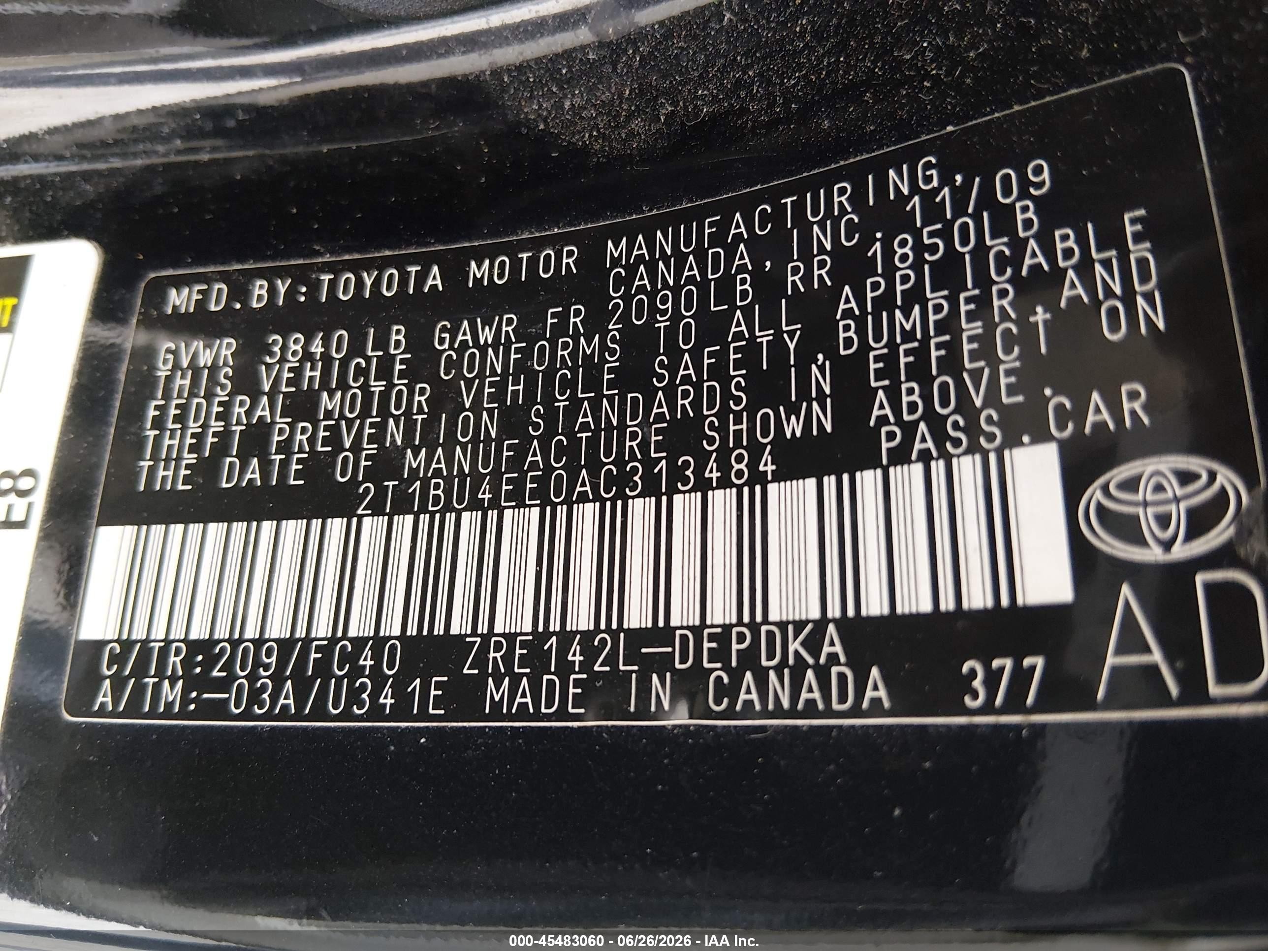 2010 Toyota Corolla Le Black vin: 2T1BU4EE0AC313484