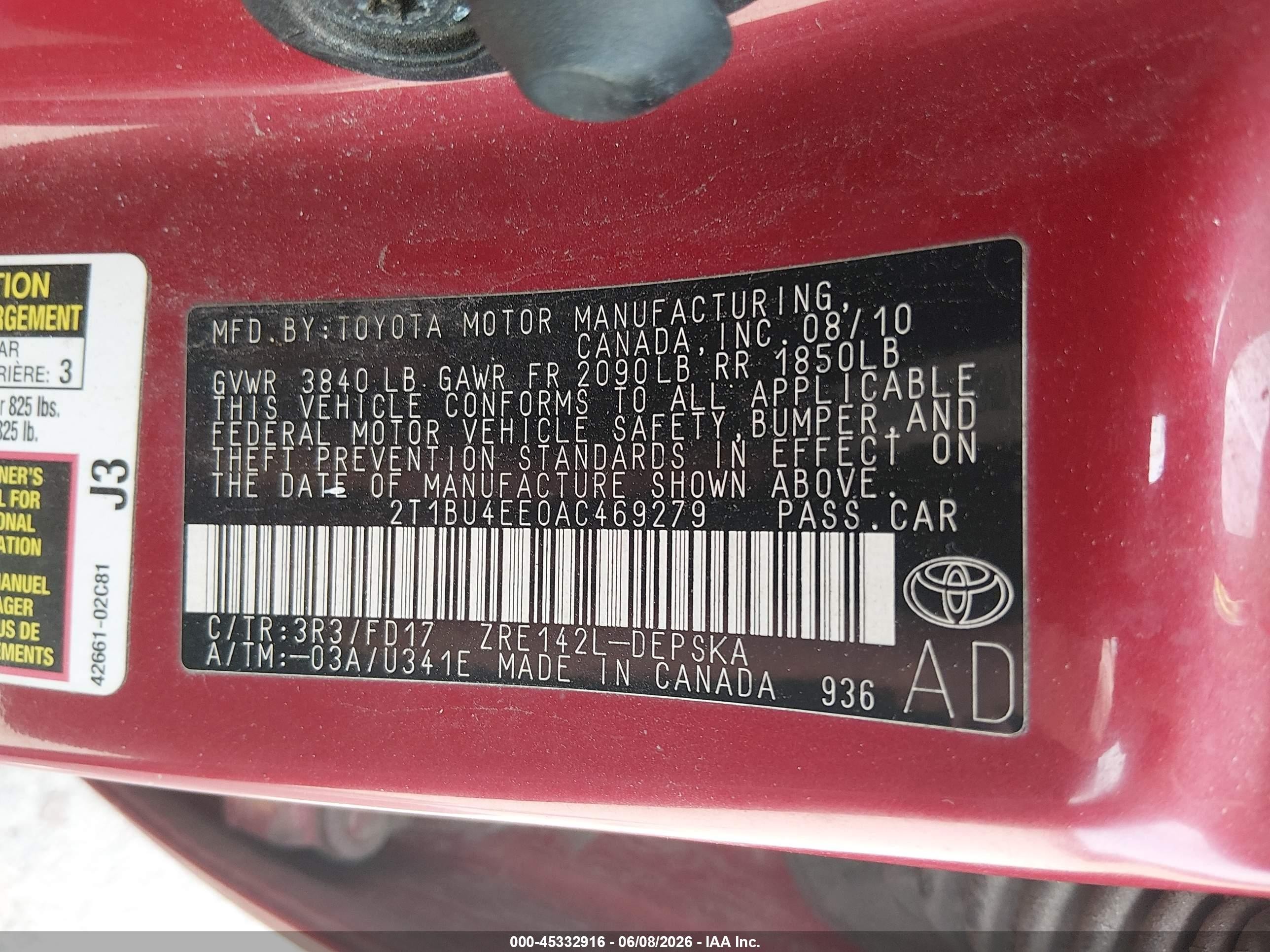 2010 Toyota Corolla S Burgundy vin: 2T1BU4EE0AC469279