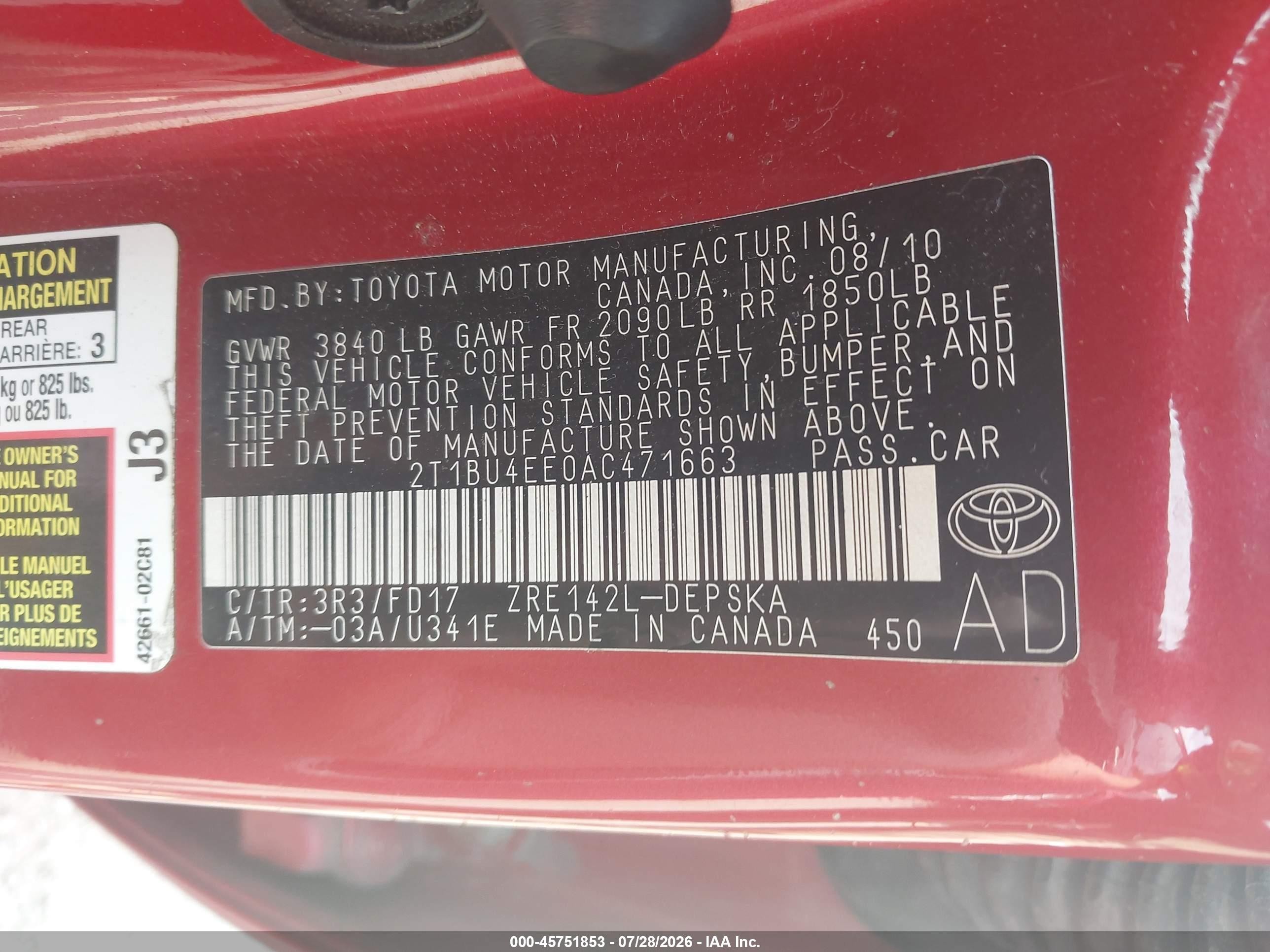 2010 Toyota Corolla S Красный vin: 2T1BU4EE0AC471663