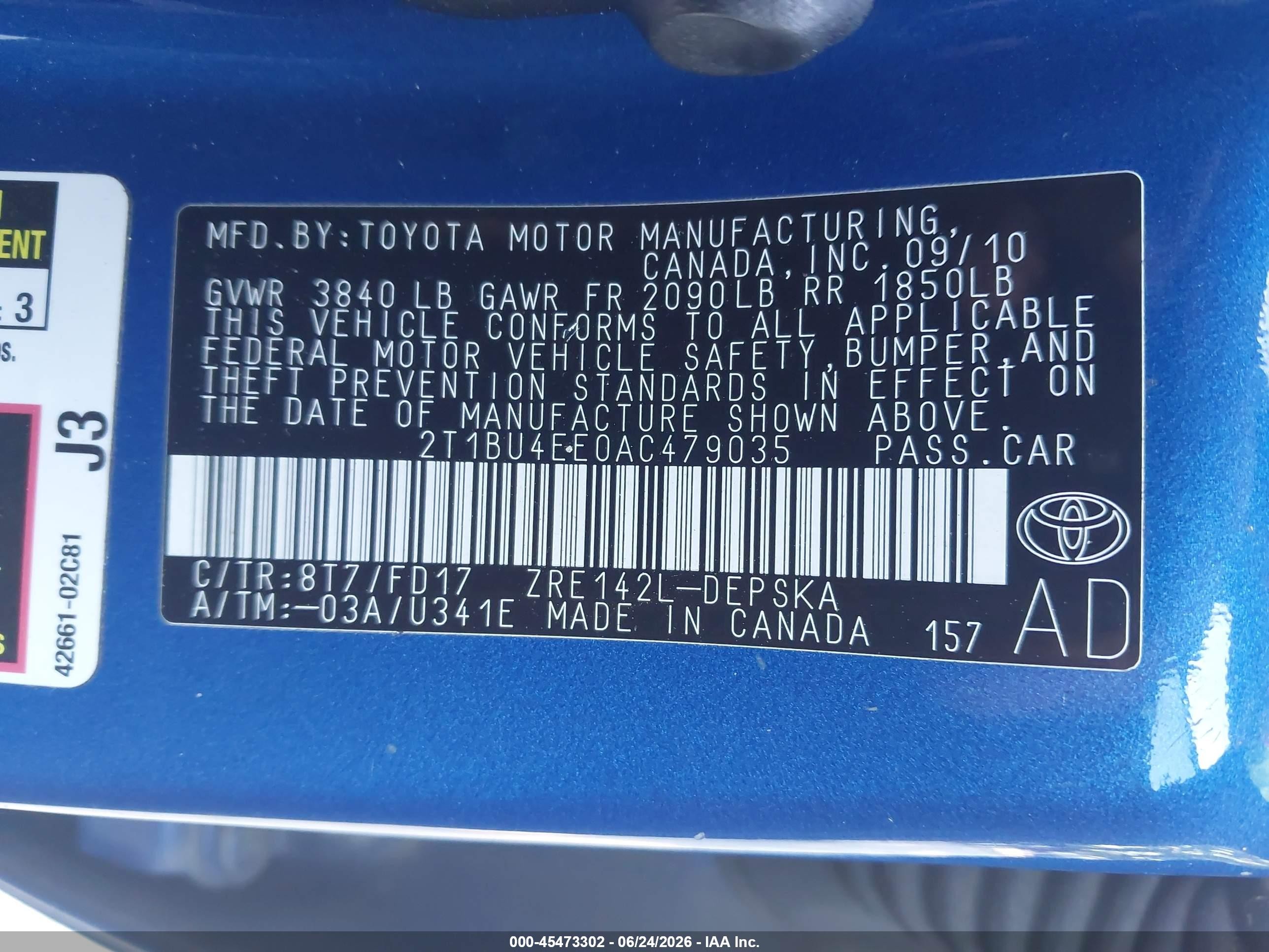 2010 Toyota Corolla S Blue vin: 2T1BU4EE0AC479035