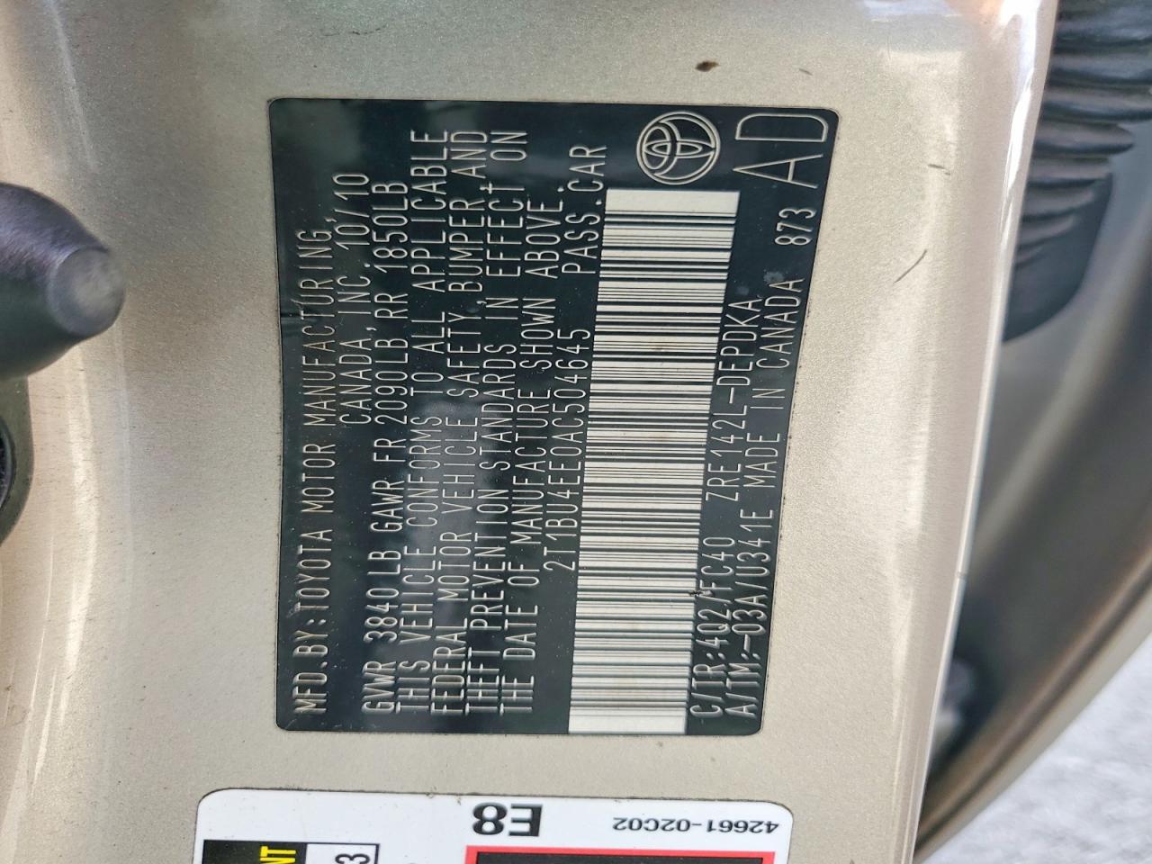 2010 Toyota Corolla Le Gold vin: 2T1BU4EE0AC504645