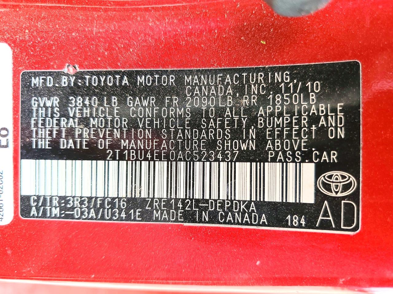 2010 Toyota Corolla Le Red vin: 2T1BU4EE0AC523437