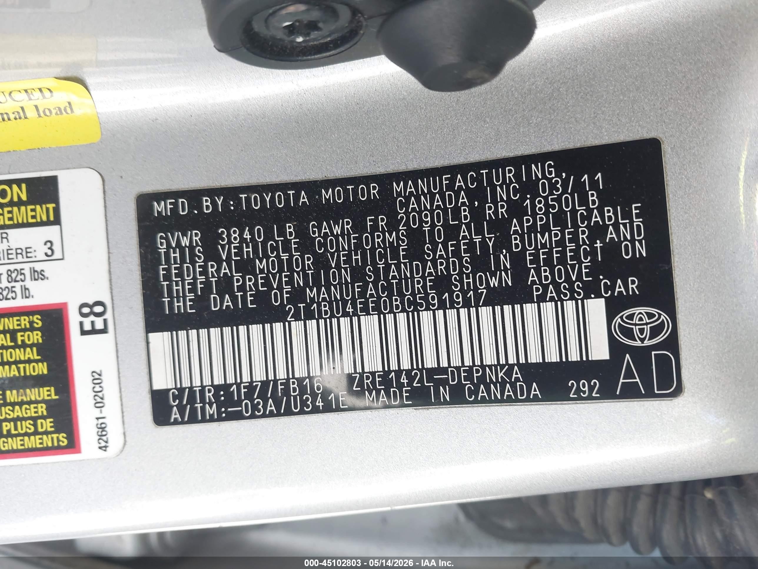 2011 Toyota Corolla Le Silver vin: 2T1BU4EE0BC591917