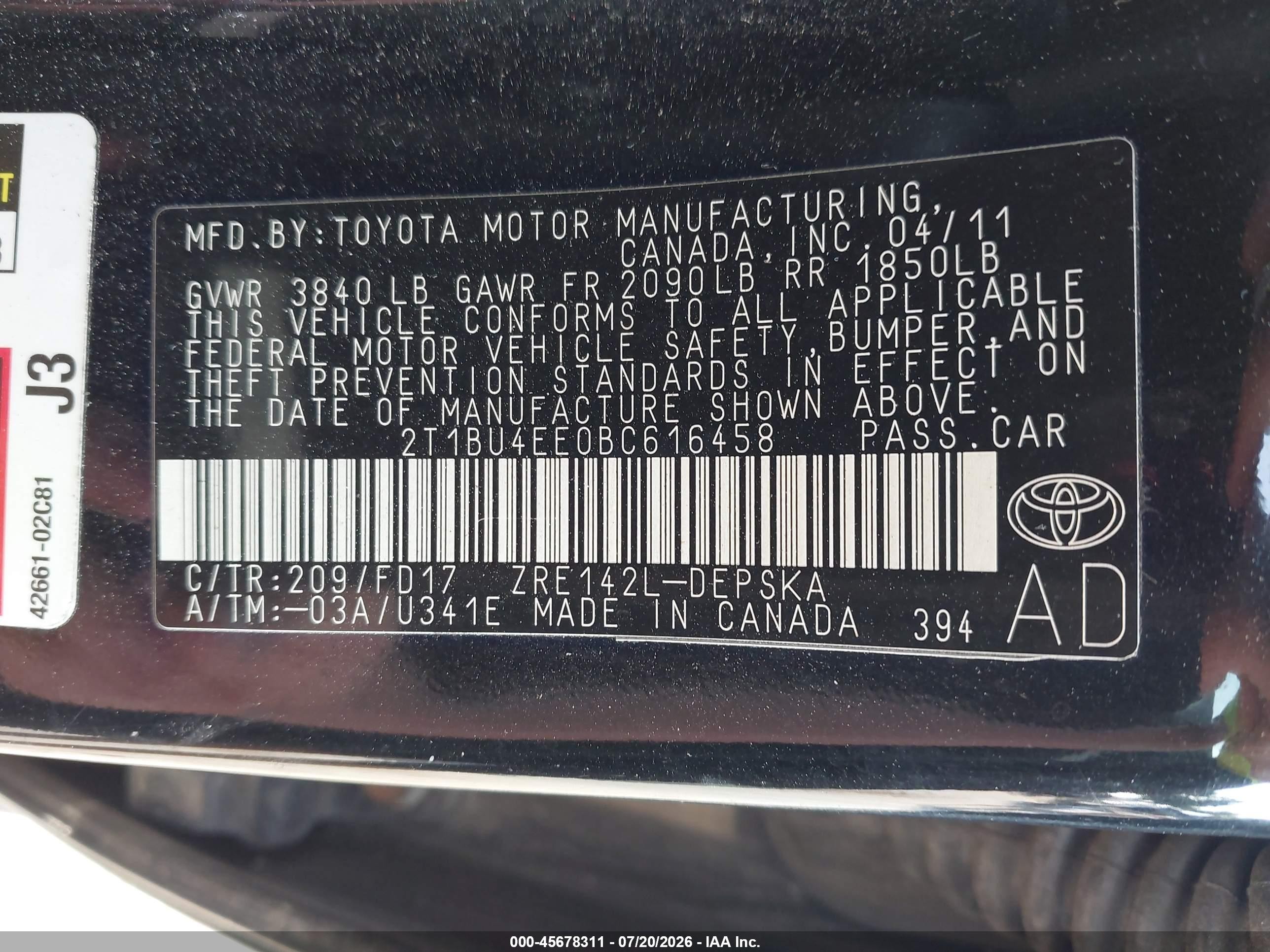 2011 Toyota Corolla S Black vin: 2T1BU4EE0BC616458