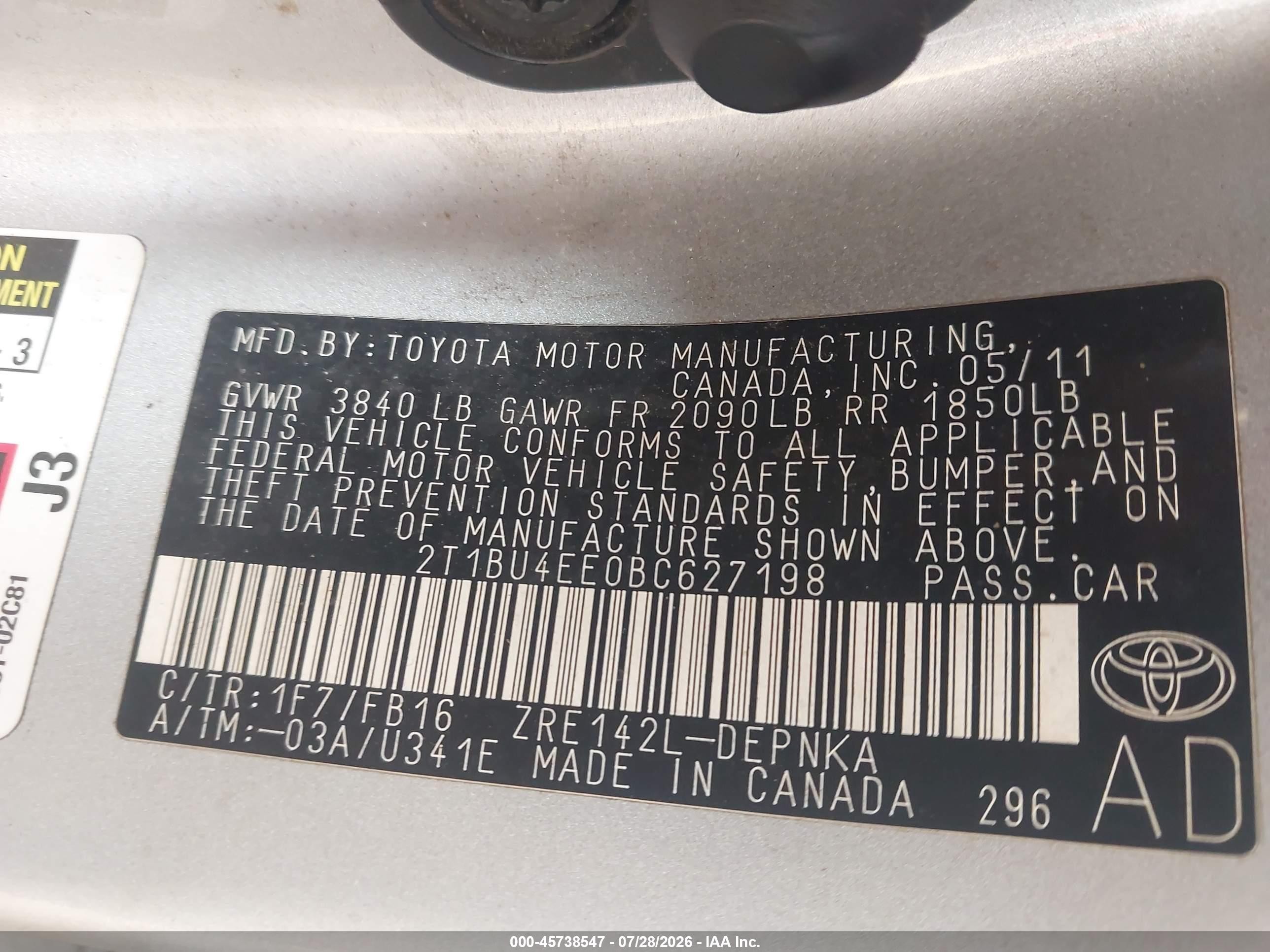 2011 Toyota Corolla Le Silver vin: 2T1BU4EE0BC627198