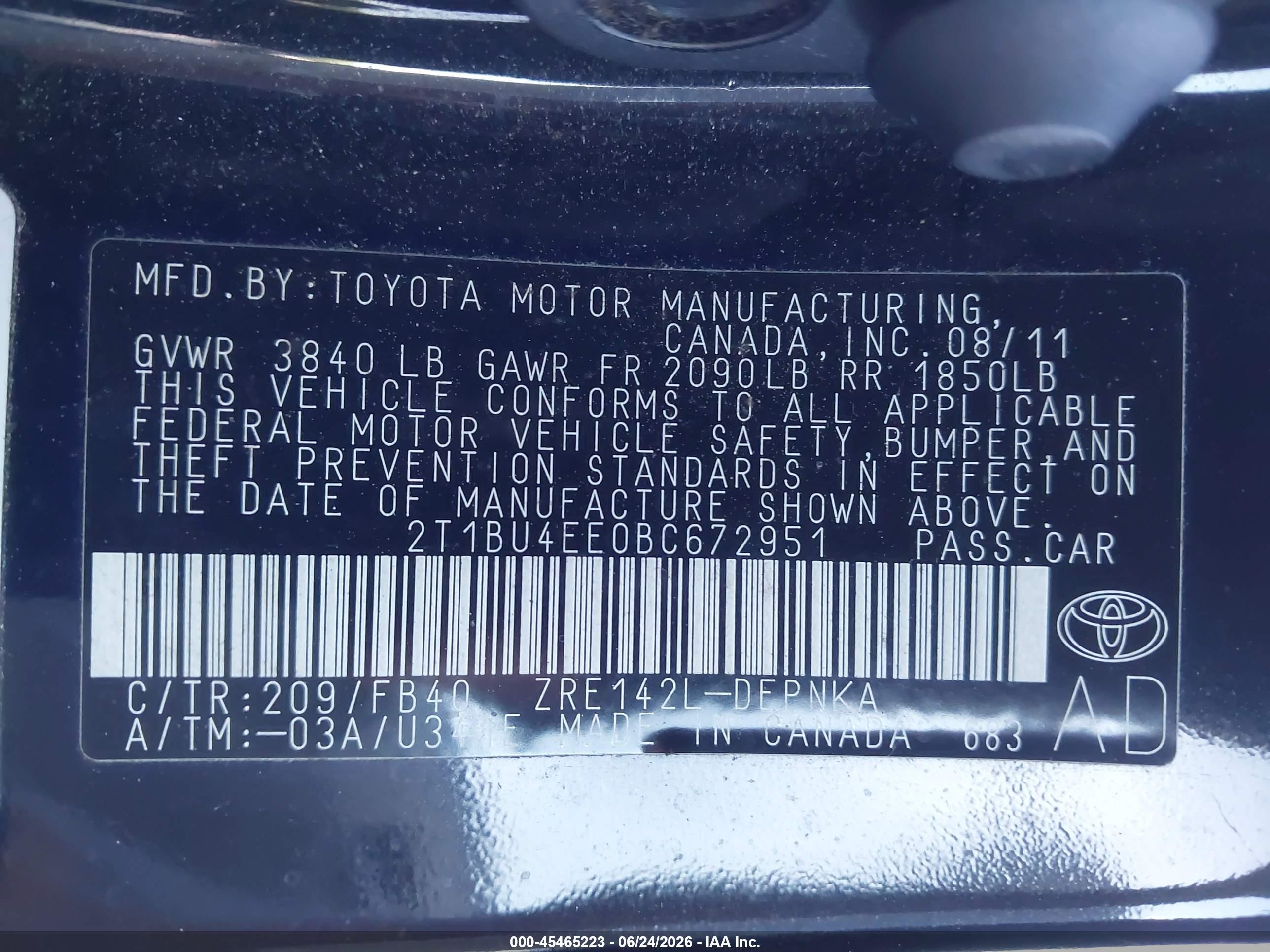 2011 Toyota Corolla Le Black vin: 2T1BU4EE0BC672951
