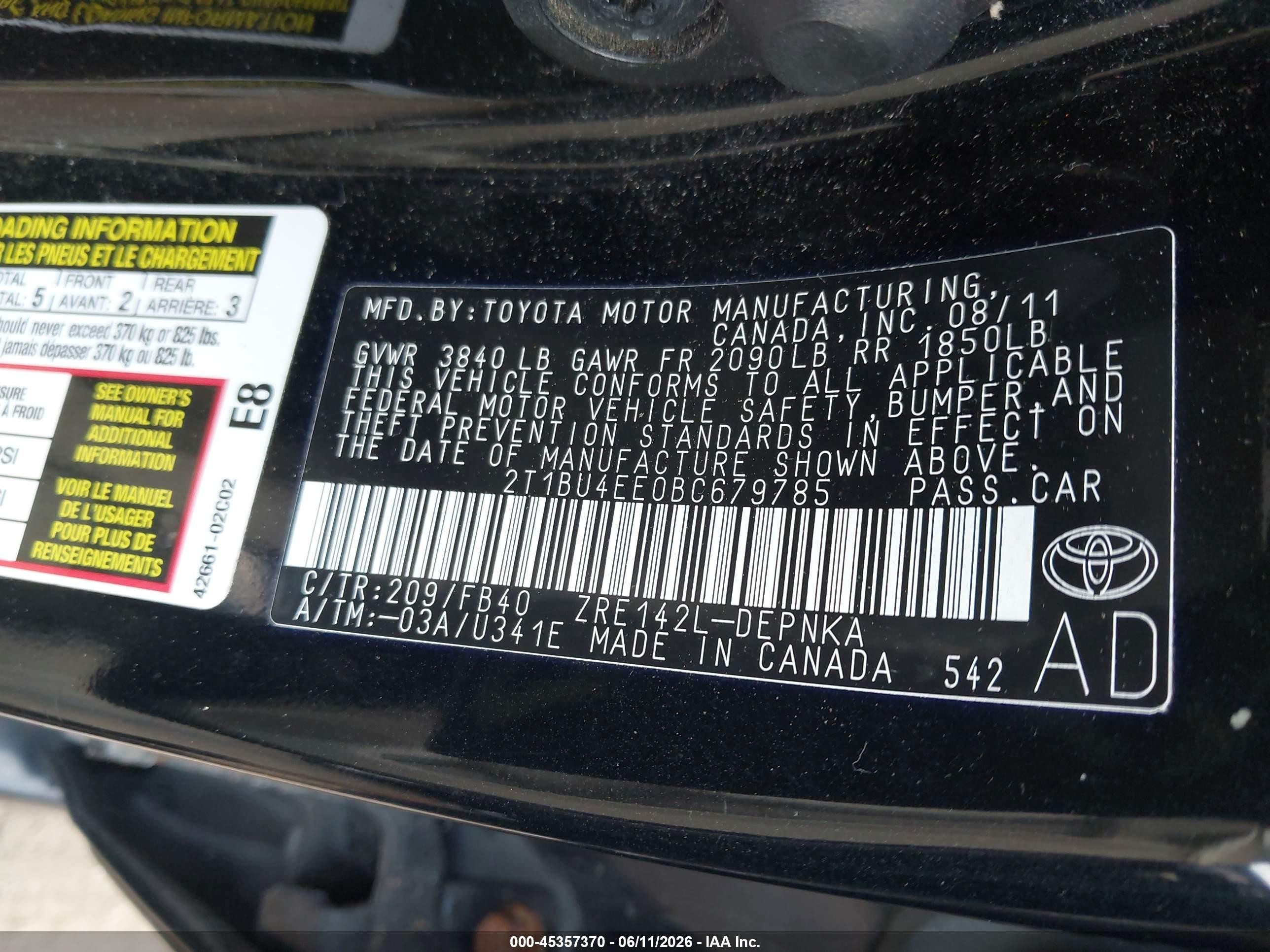 2011 Toyota Corolla Le Black vin: 2T1BU4EE0BC679785