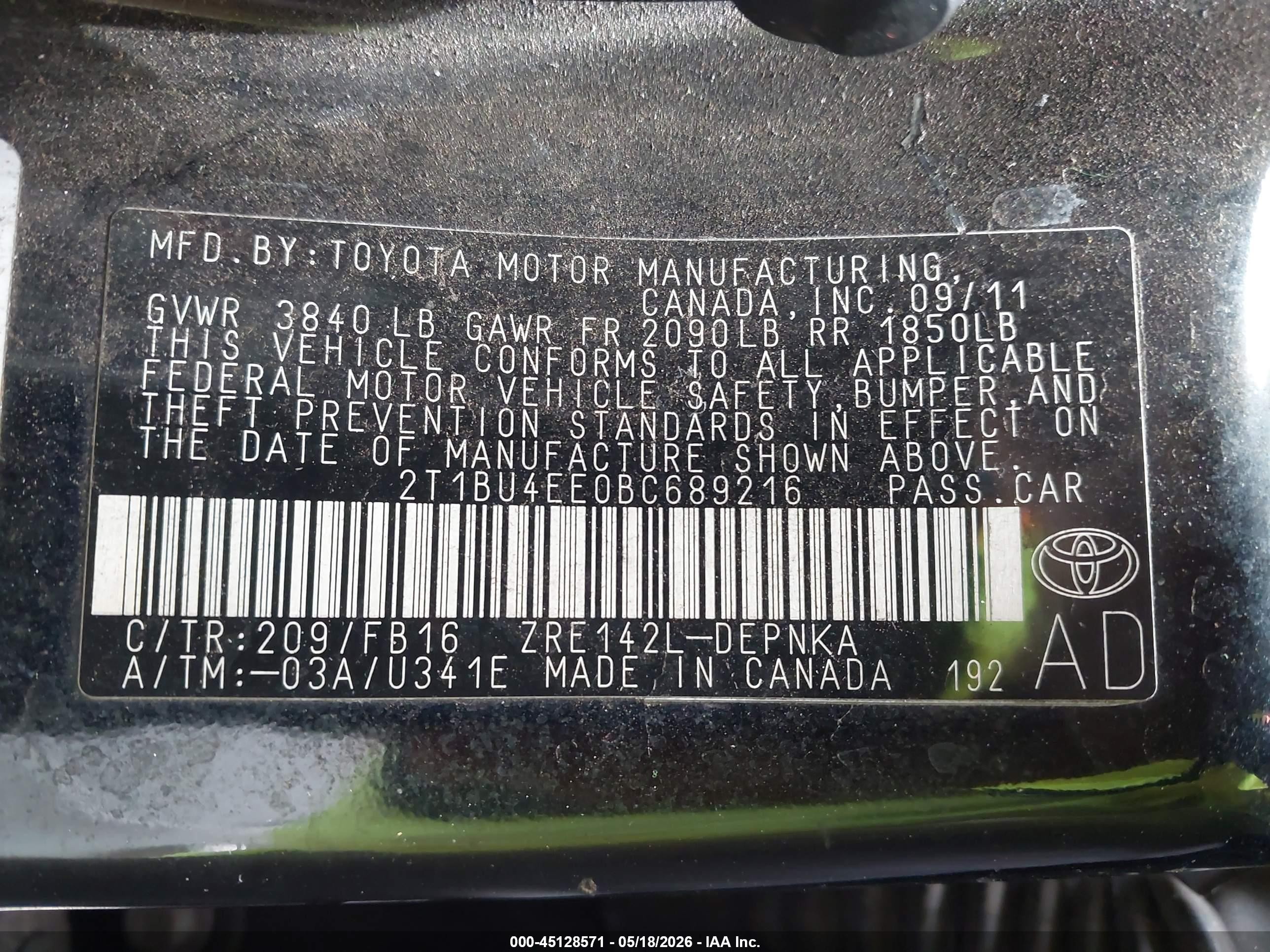 2011 Toyota Corolla Le Черный vin: 2T1BU4EE0BC689216