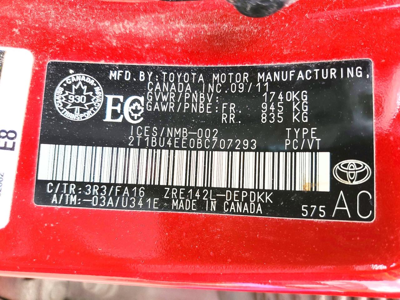 2011 Toyota Corolla Base Red vin: 2T1BU4EE0BC707293