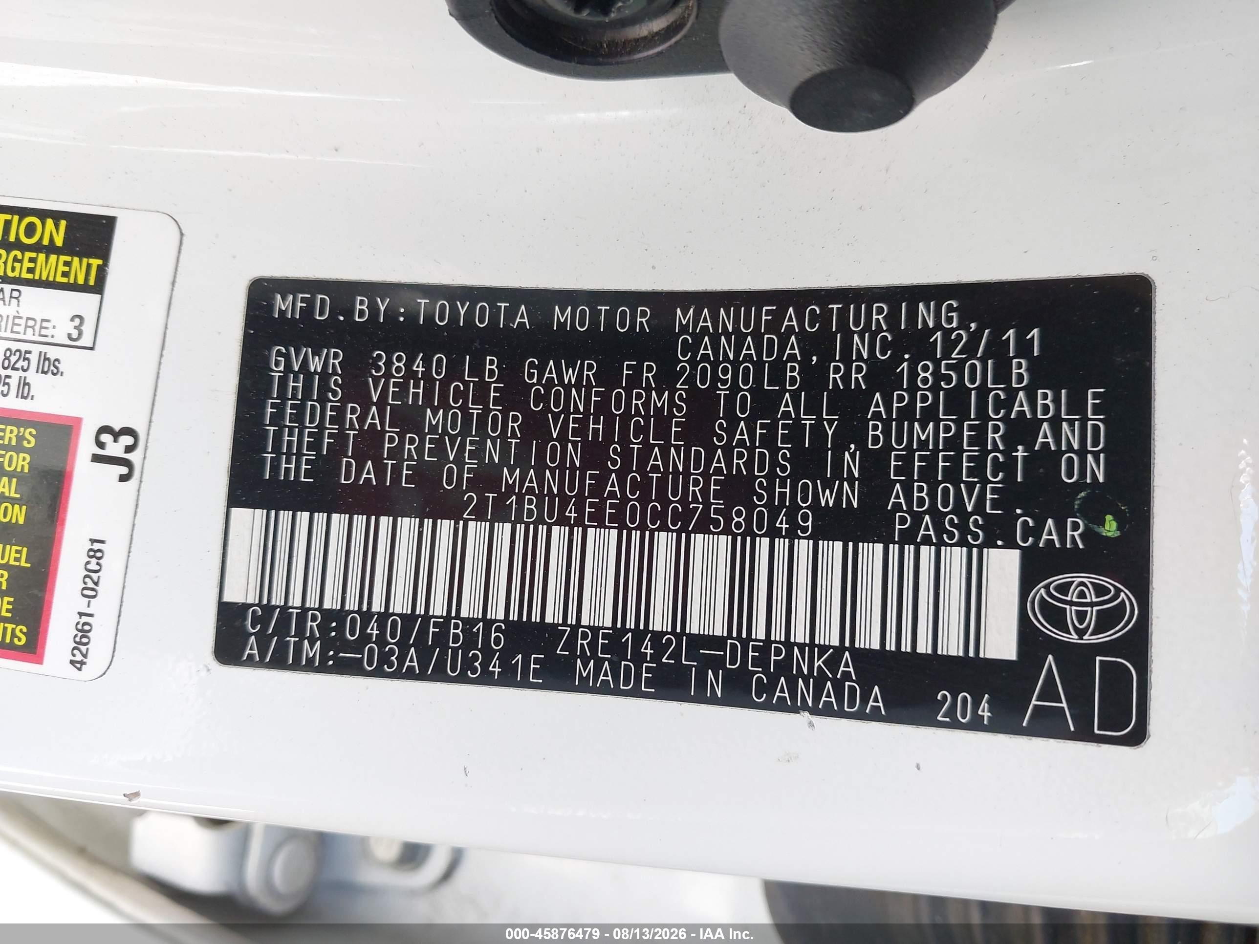 2012 Toyota Corolla Le White vin: 2T1BU4EE0CC758049