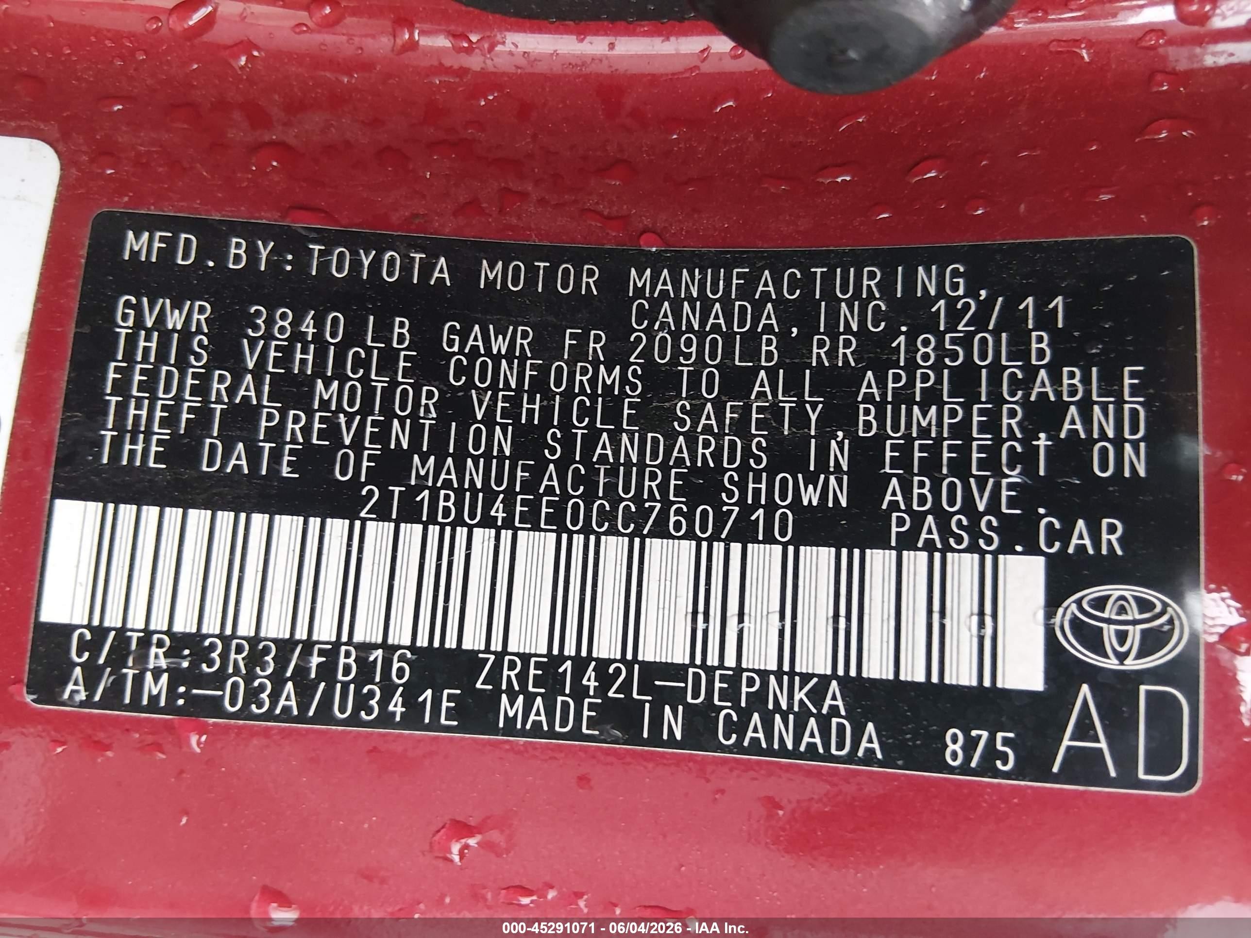 2012 Toyota Corolla Le Red vin: 2T1BU4EE0CC760710