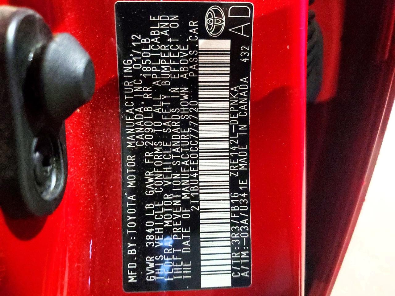 2012 Toyota Corolla Le Red vin: 2T1BU4EE0CC777720