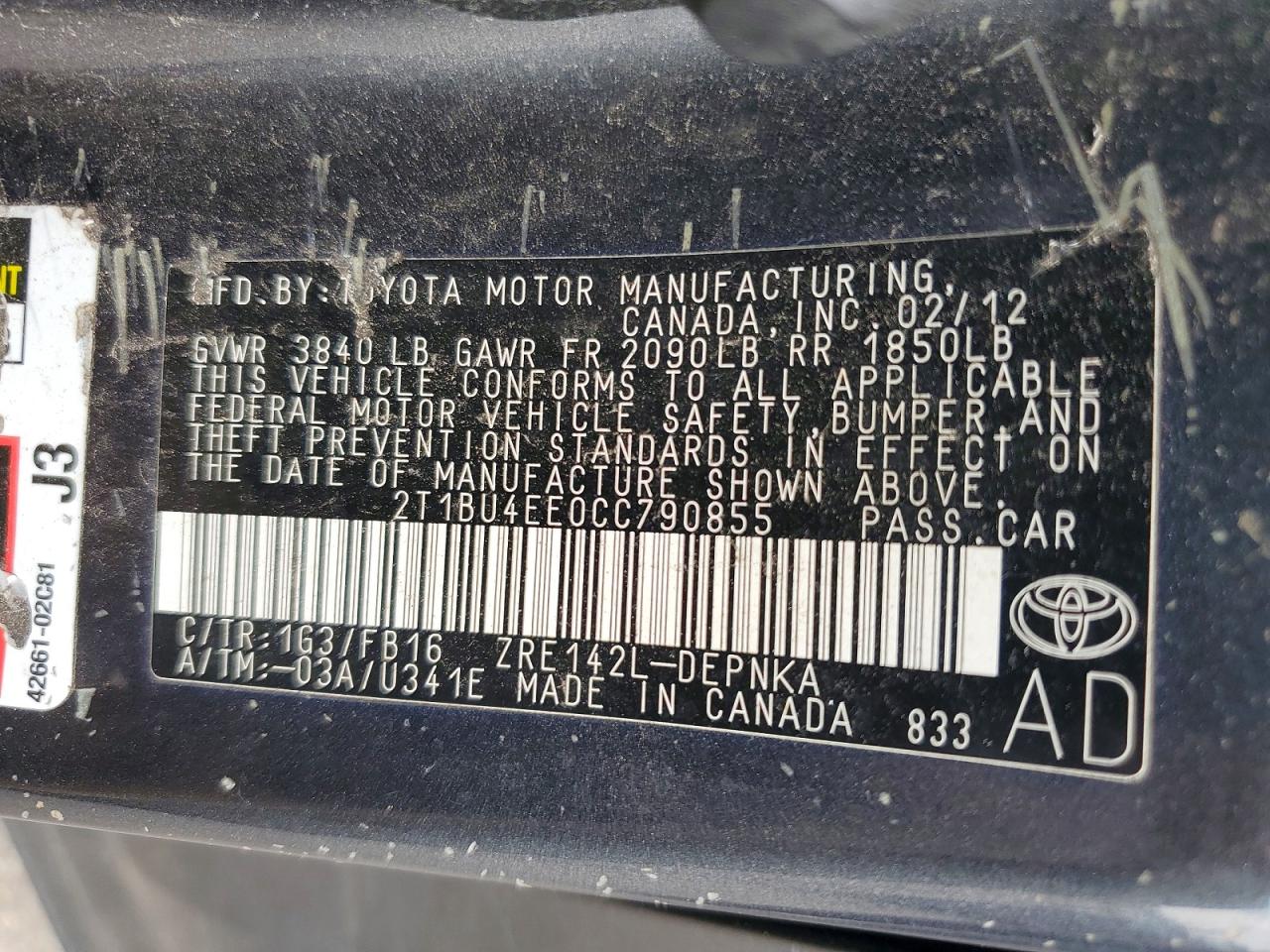 2012 Toyota Corolla Le Charcoal vin: 2T1BU4EE0CC790855