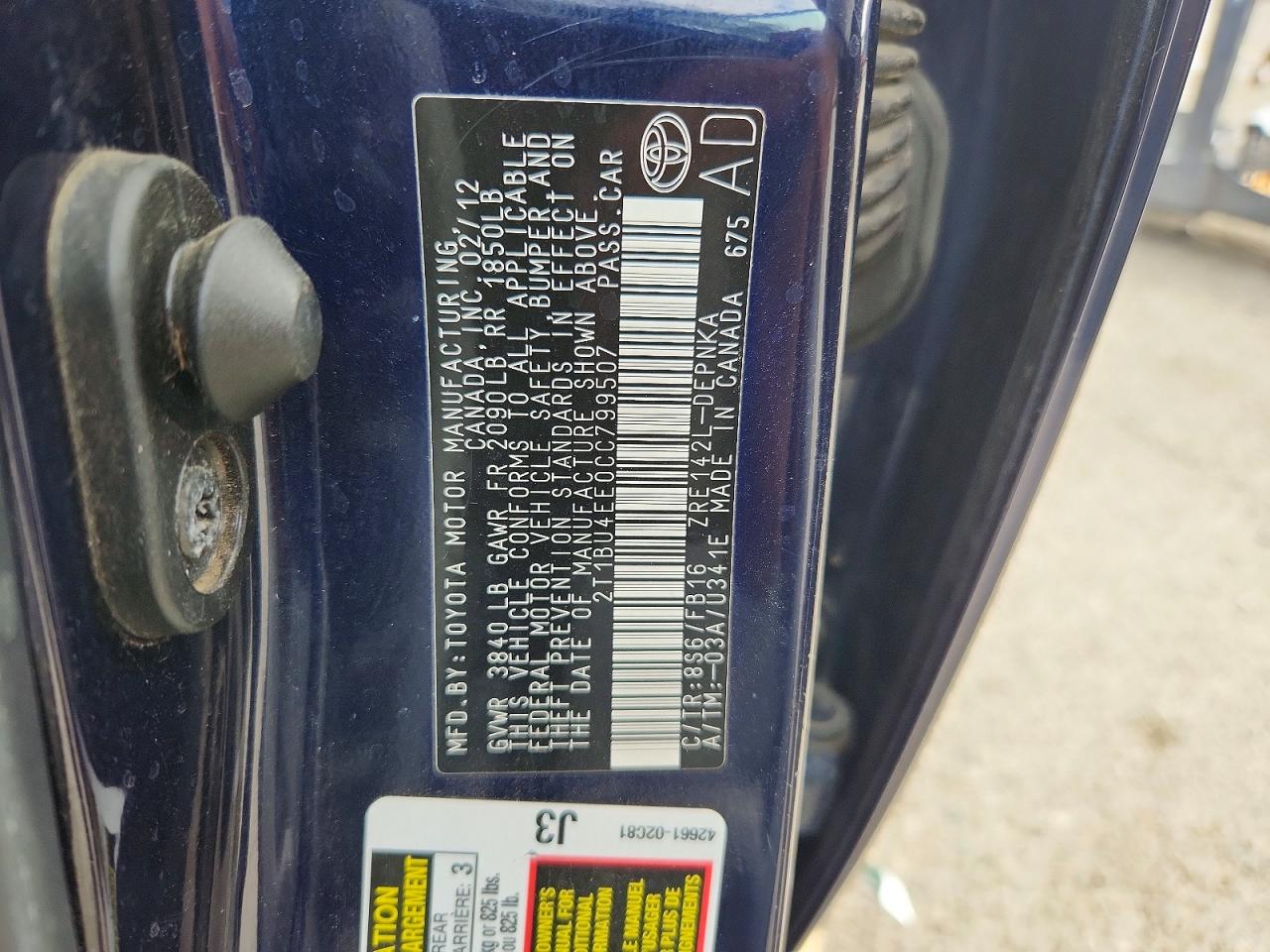 2012 Toyota Corolla Le Blue vin: 2T1BU4EE0CC799507