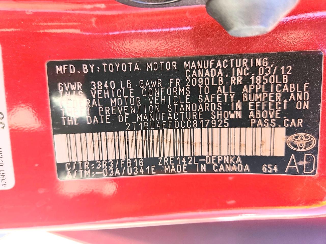 2012 Toyota Corolla Le Red vin: 2T1BU4EE0CC817925