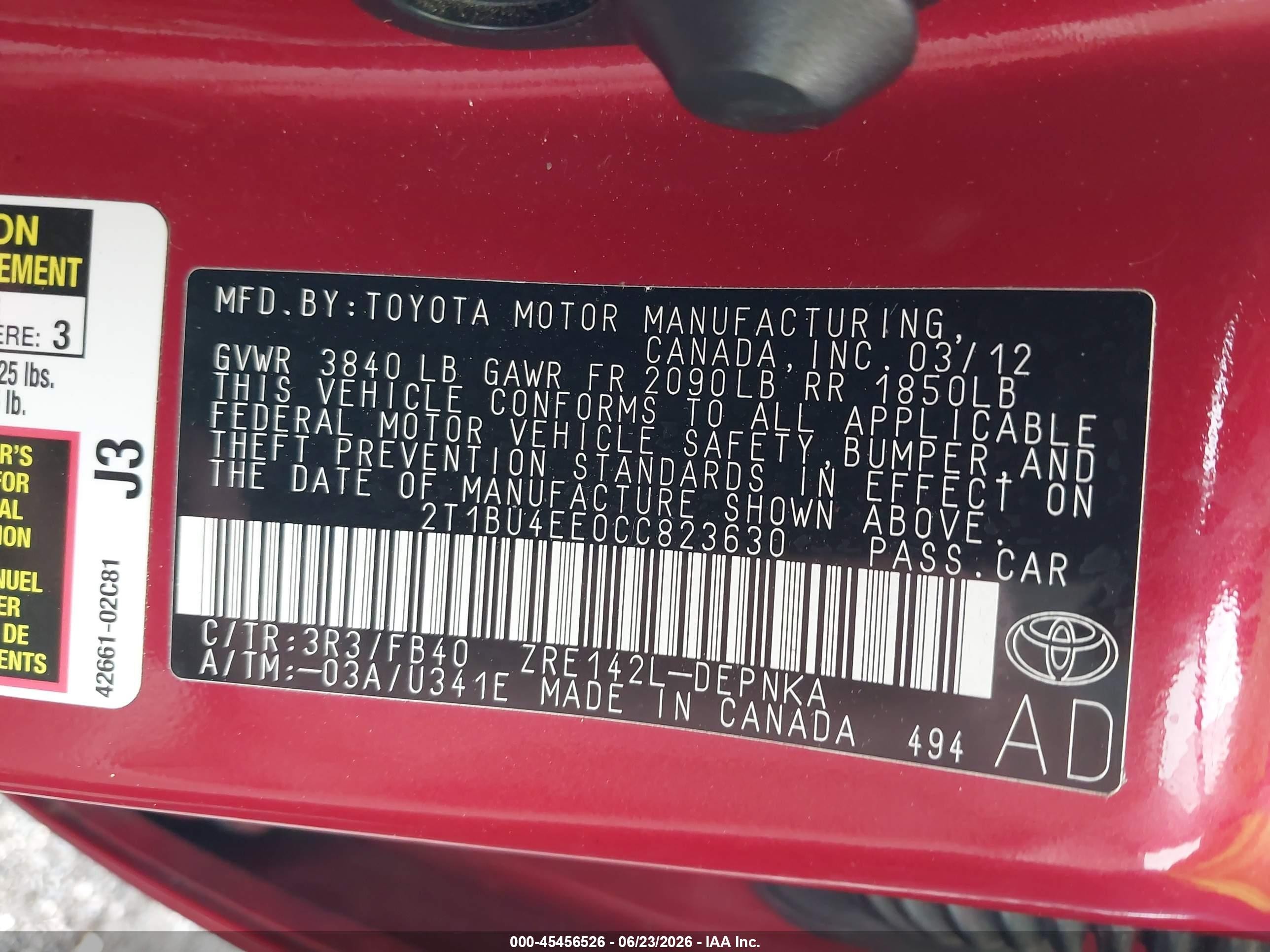 2012 Toyota Corolla Le Red vin: 2T1BU4EE0CC823630