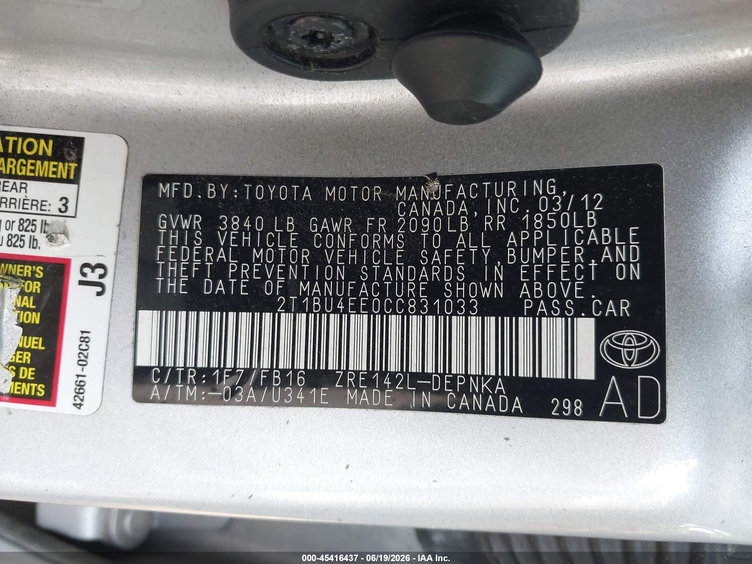 2012 Toyota Corolla Le Silver vin: 2T1BU4EE0CC831033