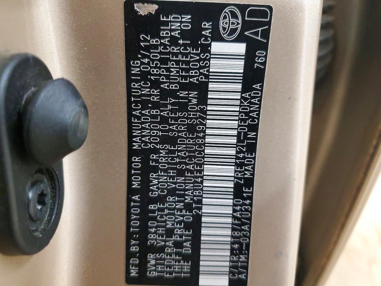 2012 Toyota Corolla L Gold vin: 2T1BU4EE0CC849273