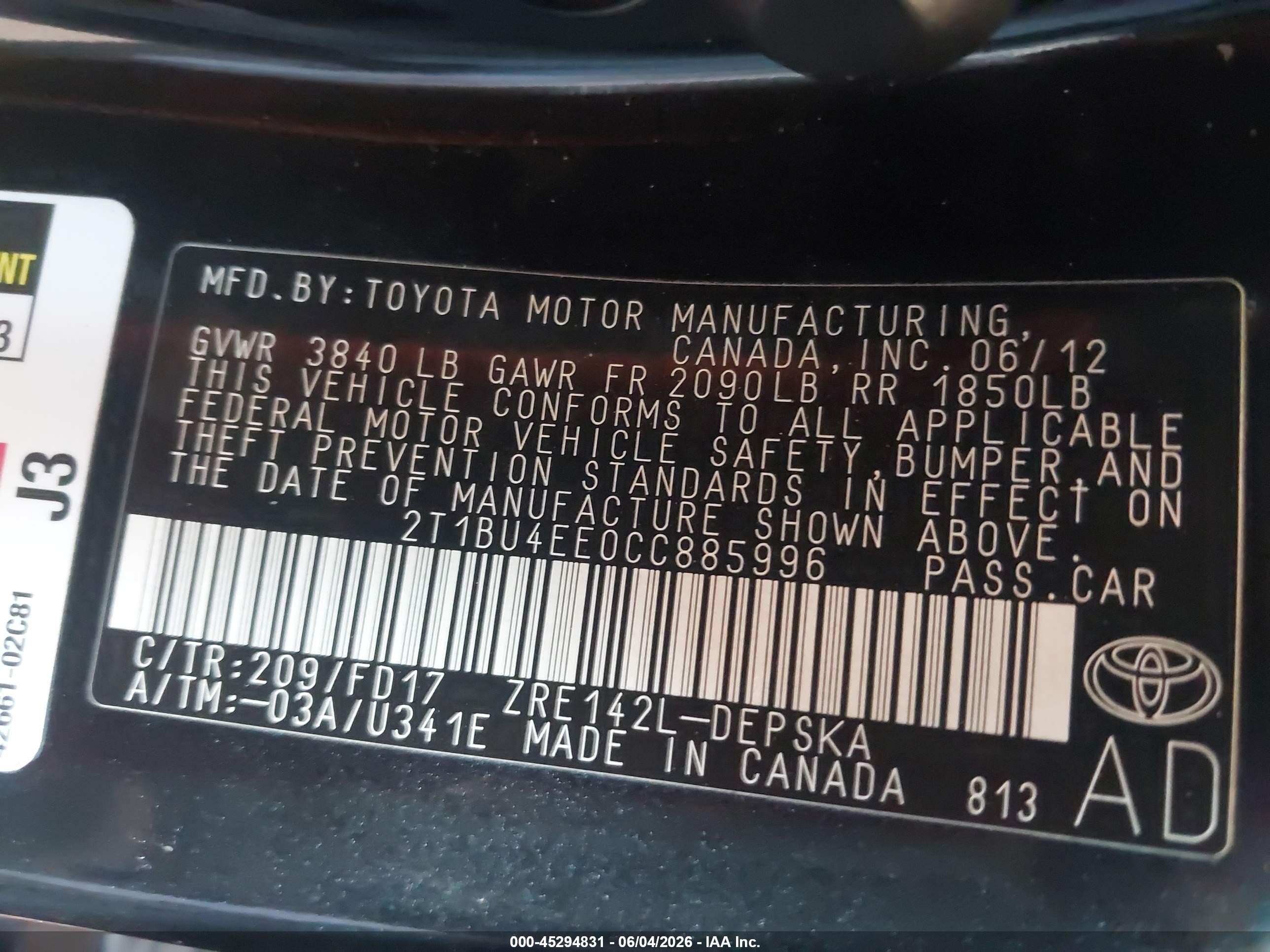 2012 Toyota Corolla S Black vin: 2T1BU4EE0CC885996