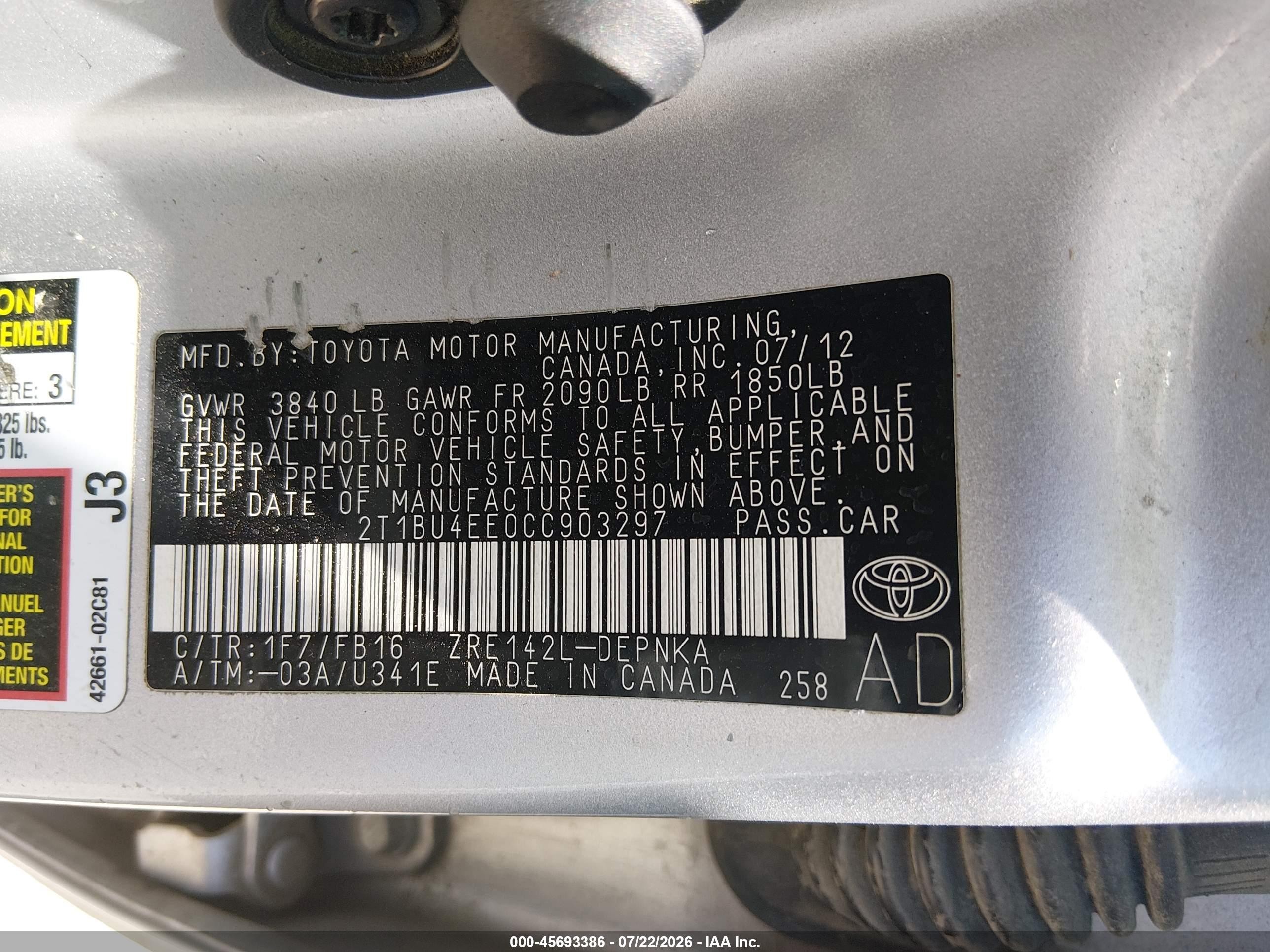 2012 Toyota Corolla Le Silver vin: 2T1BU4EE0CC903297
