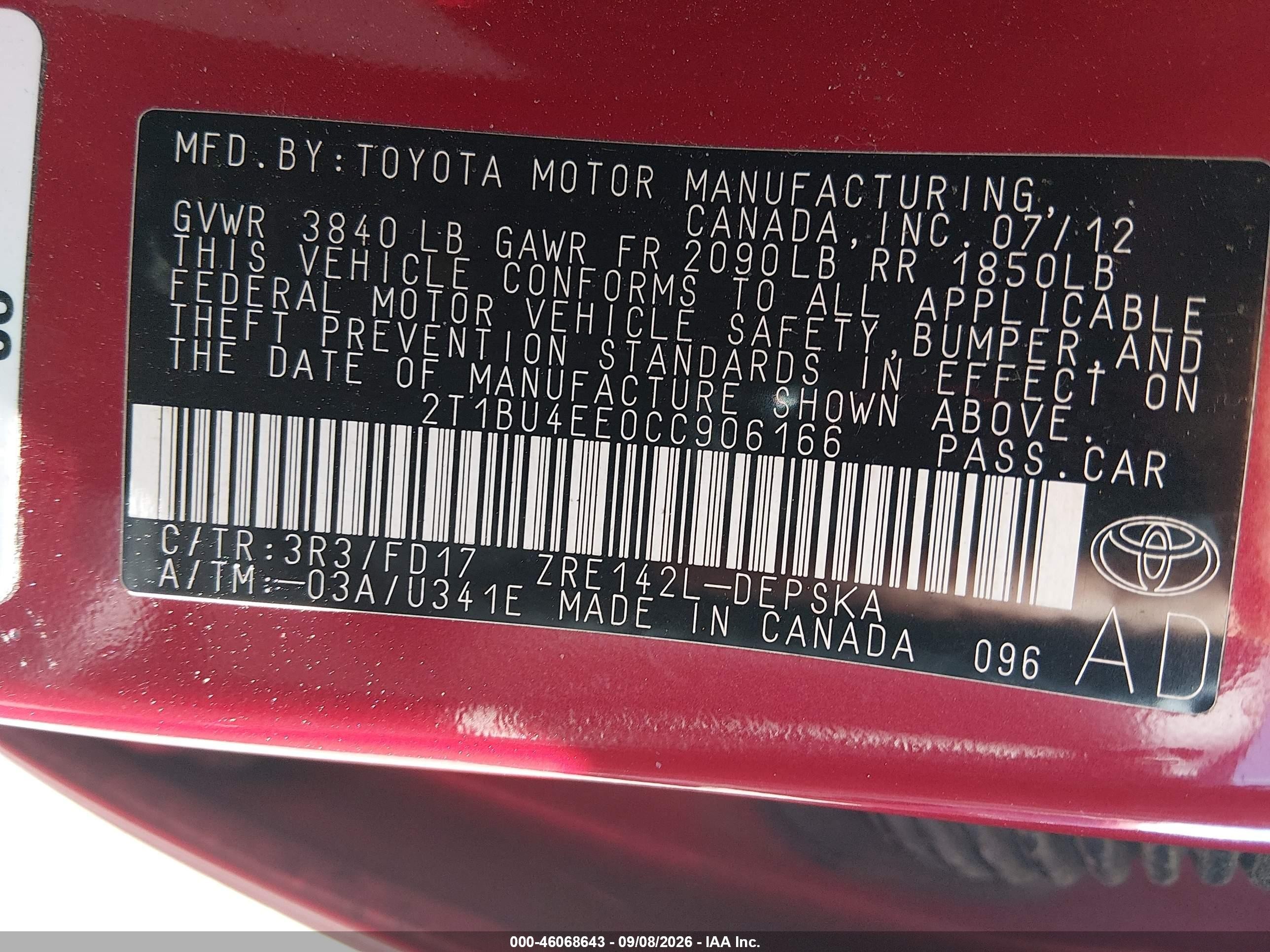 2012 Toyota Corolla S Red vin: 2T1BU4EE0CC906166
