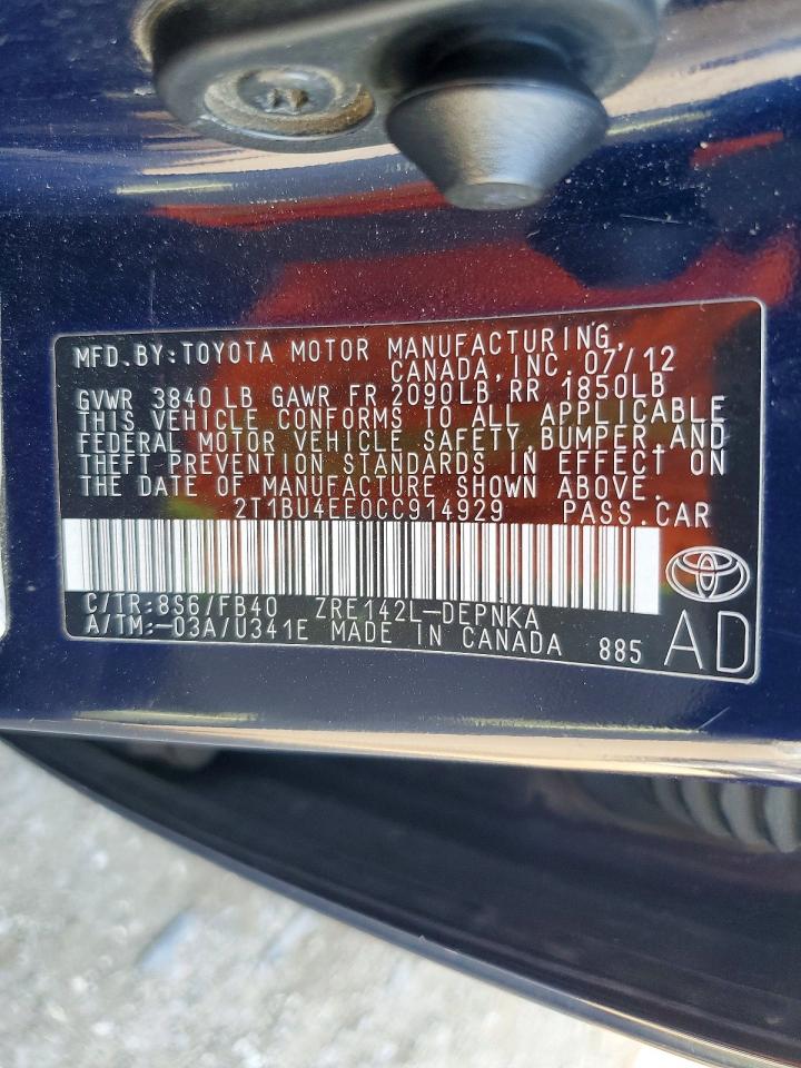2012 Toyota Corolla Le Blue vin: 2T1BU4EE0CC914929