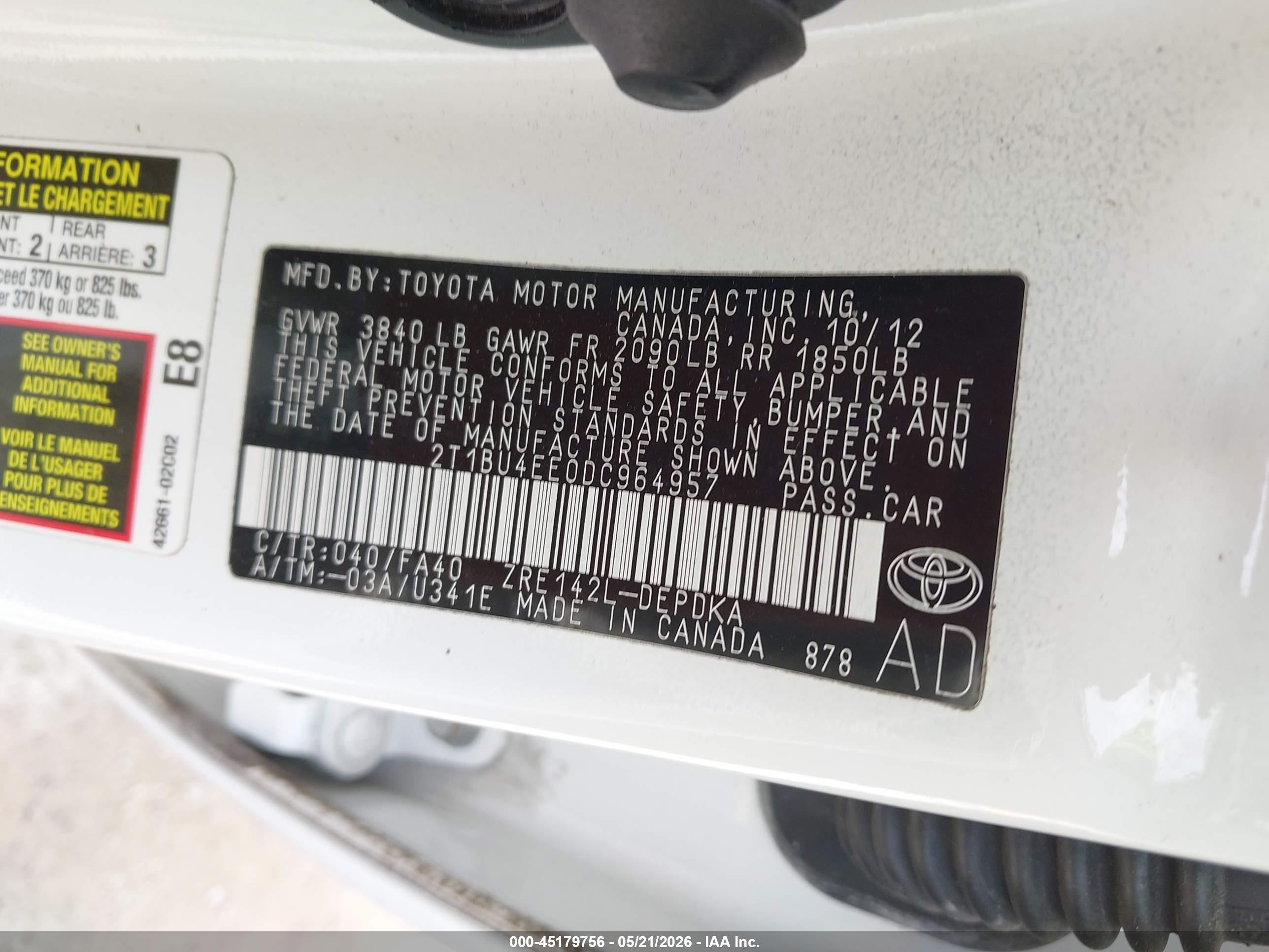 2013 Toyota Corolla L White vin: 2T1BU4EE0DC964957