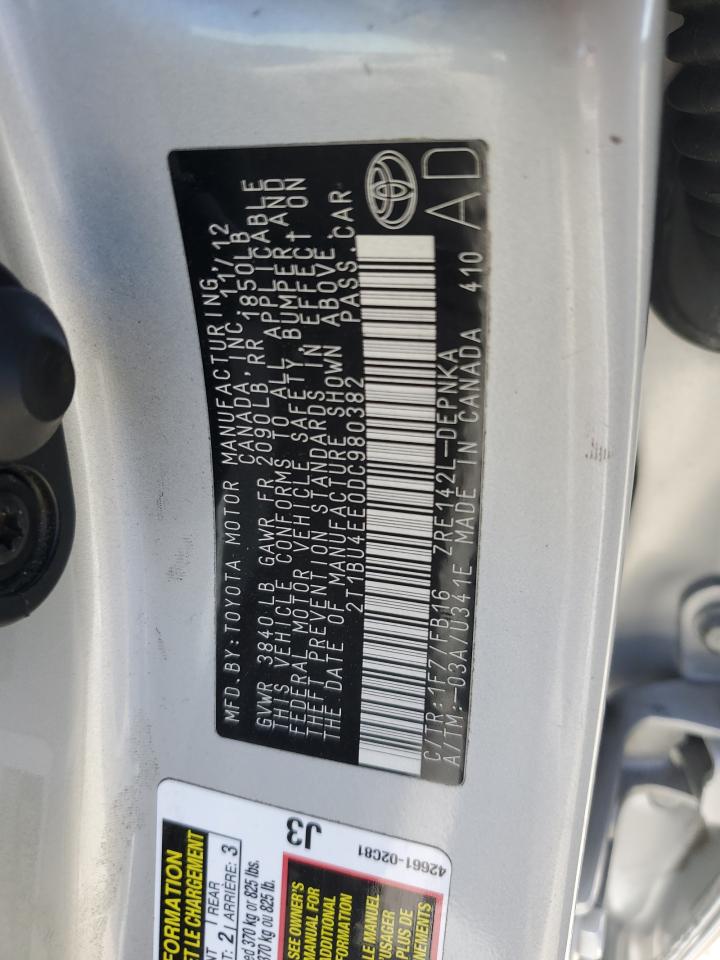 2013 Toyota Corolla Base Silver vin: 2T1BU4EE0DC980382