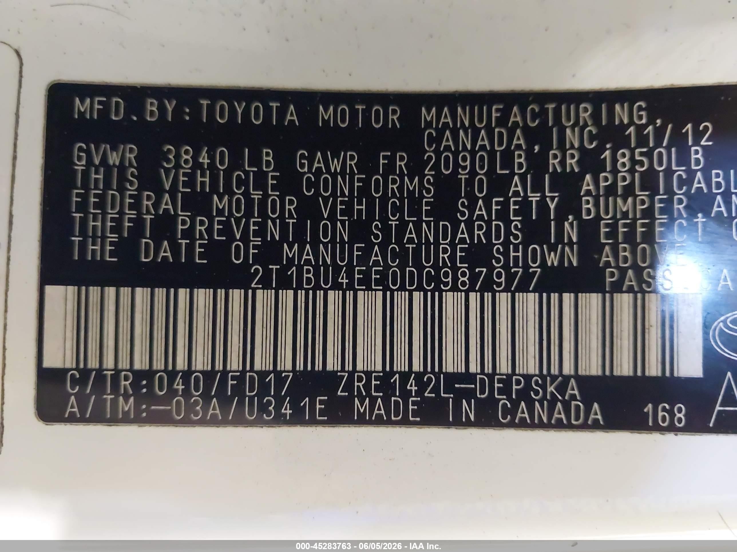 2013 Toyota Corolla S Белый vin: 2T1BU4EE0DC987977