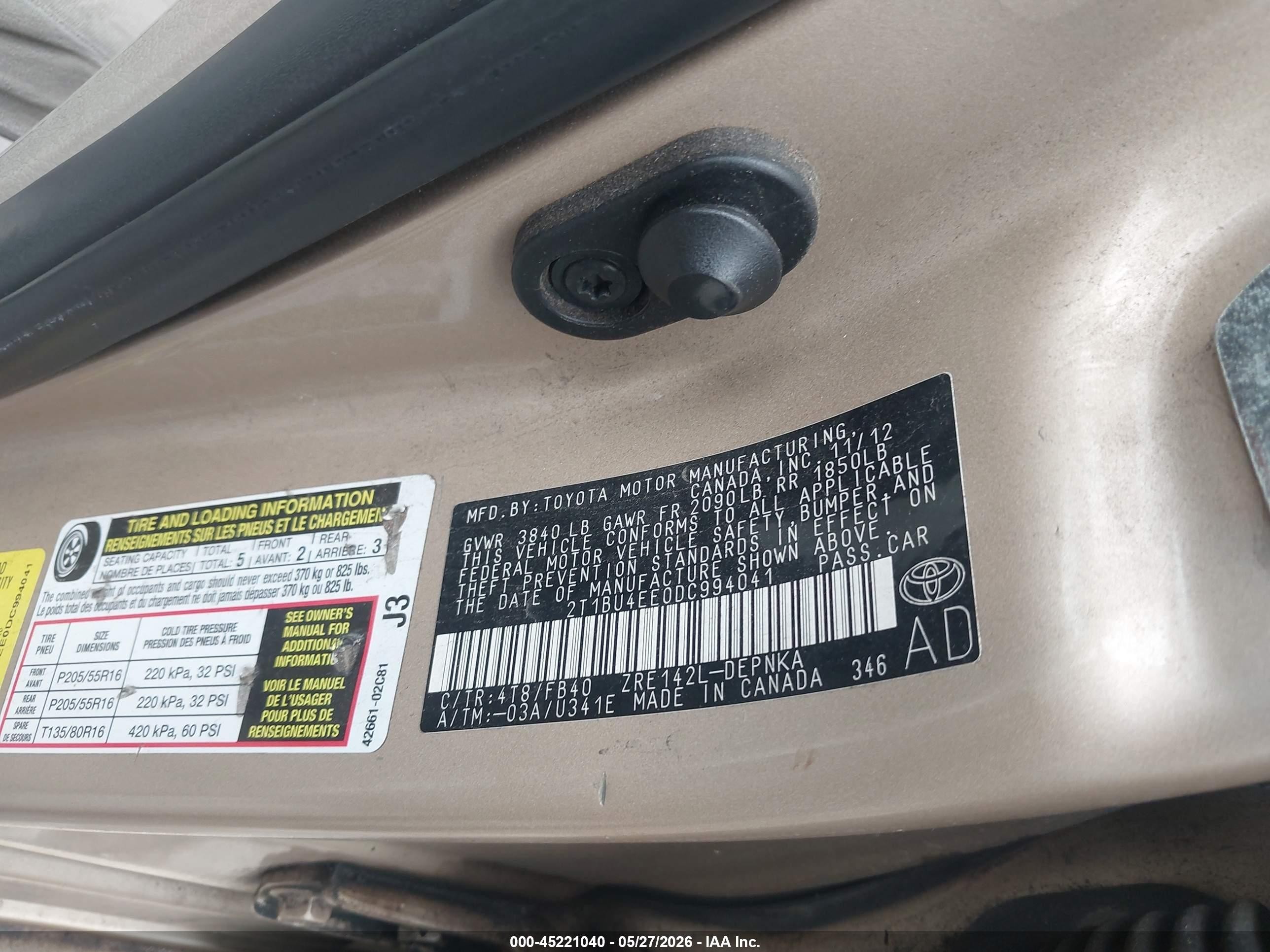 2013 Toyota Corolla Le Золотой vin: 2T1BU4EE0DC994041