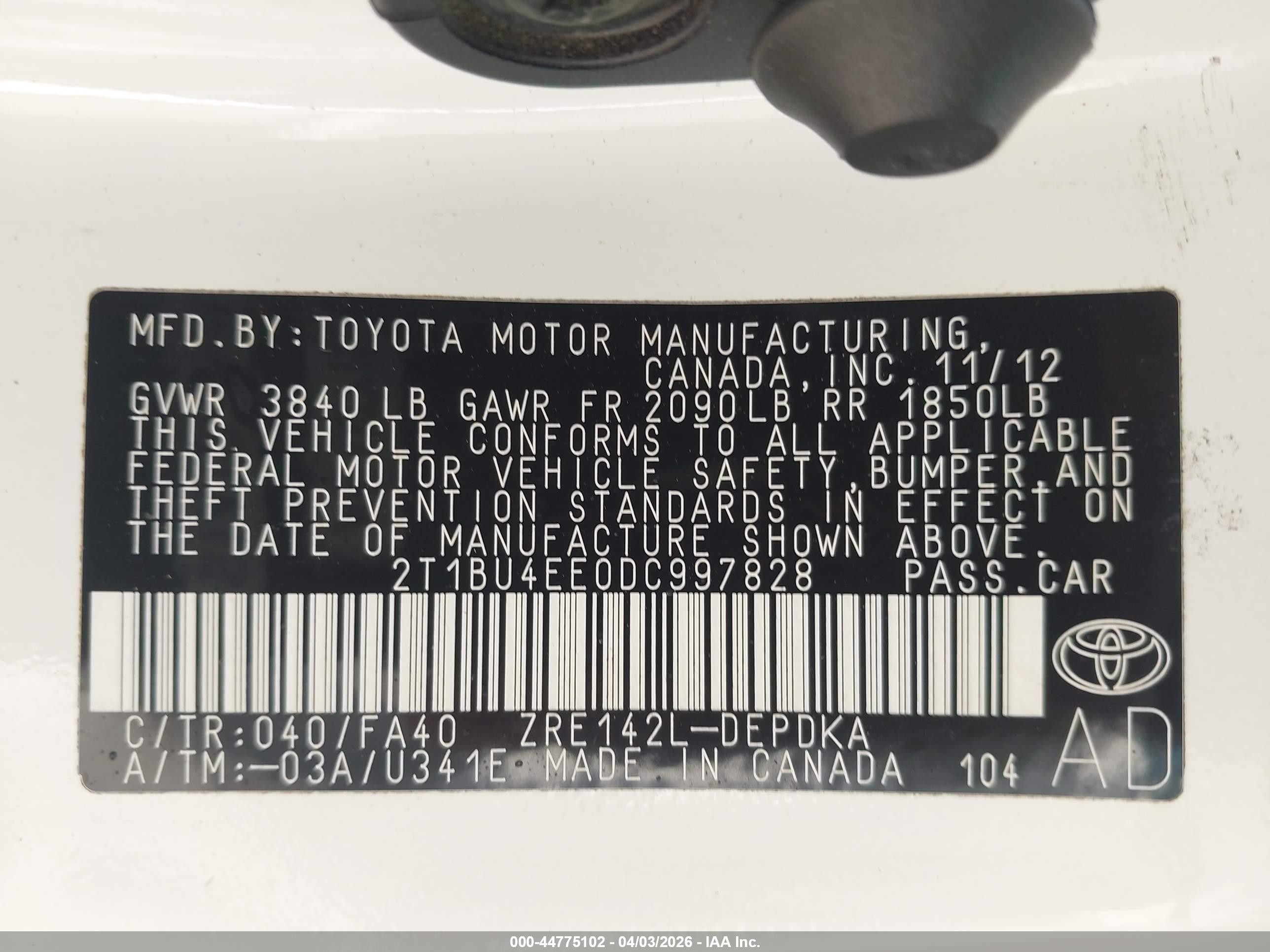 2013 Toyota Corolla L White vin: 2T1BU4EE0DC997828