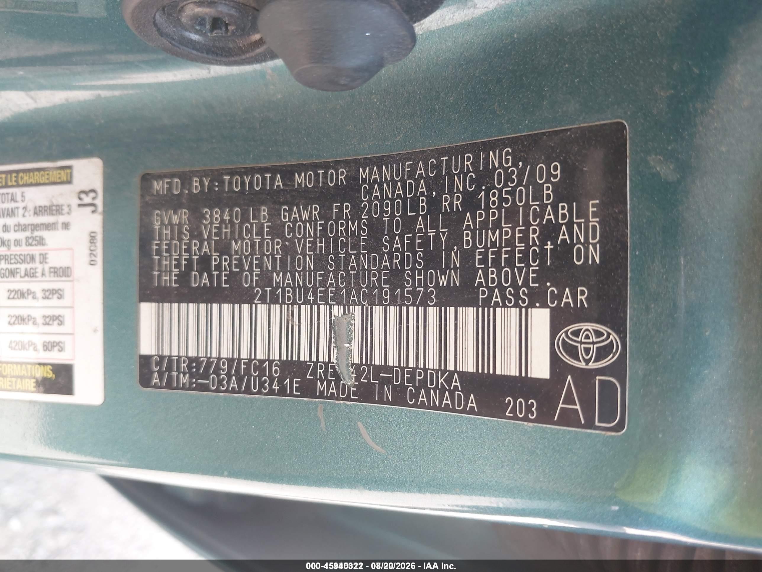 2010 Toyota Corolla Le Blue vin: 2T1BU4EE1AC191573