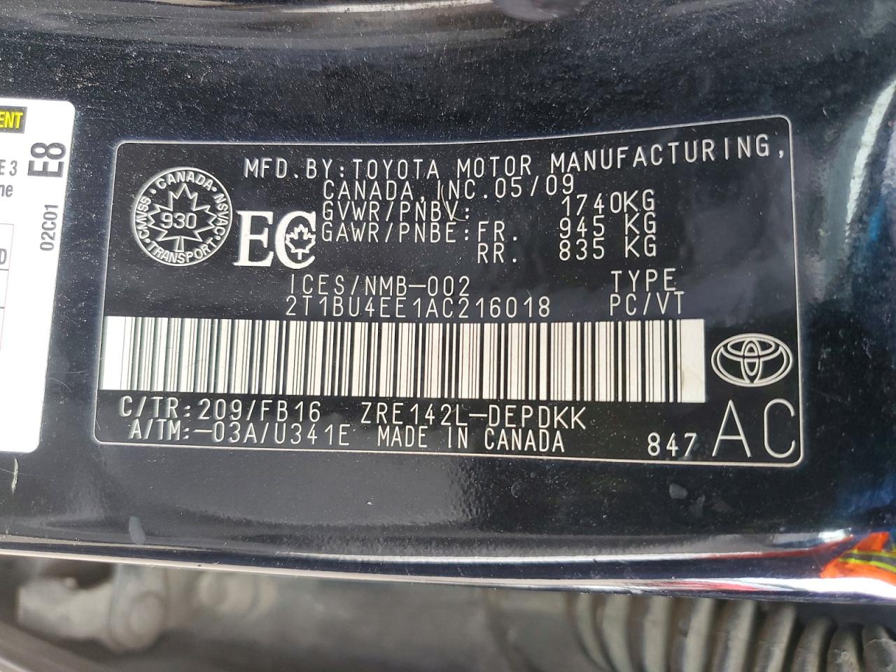 2010 Toyota Corolla Base Black vin: 2T1BU4EE1AC216018