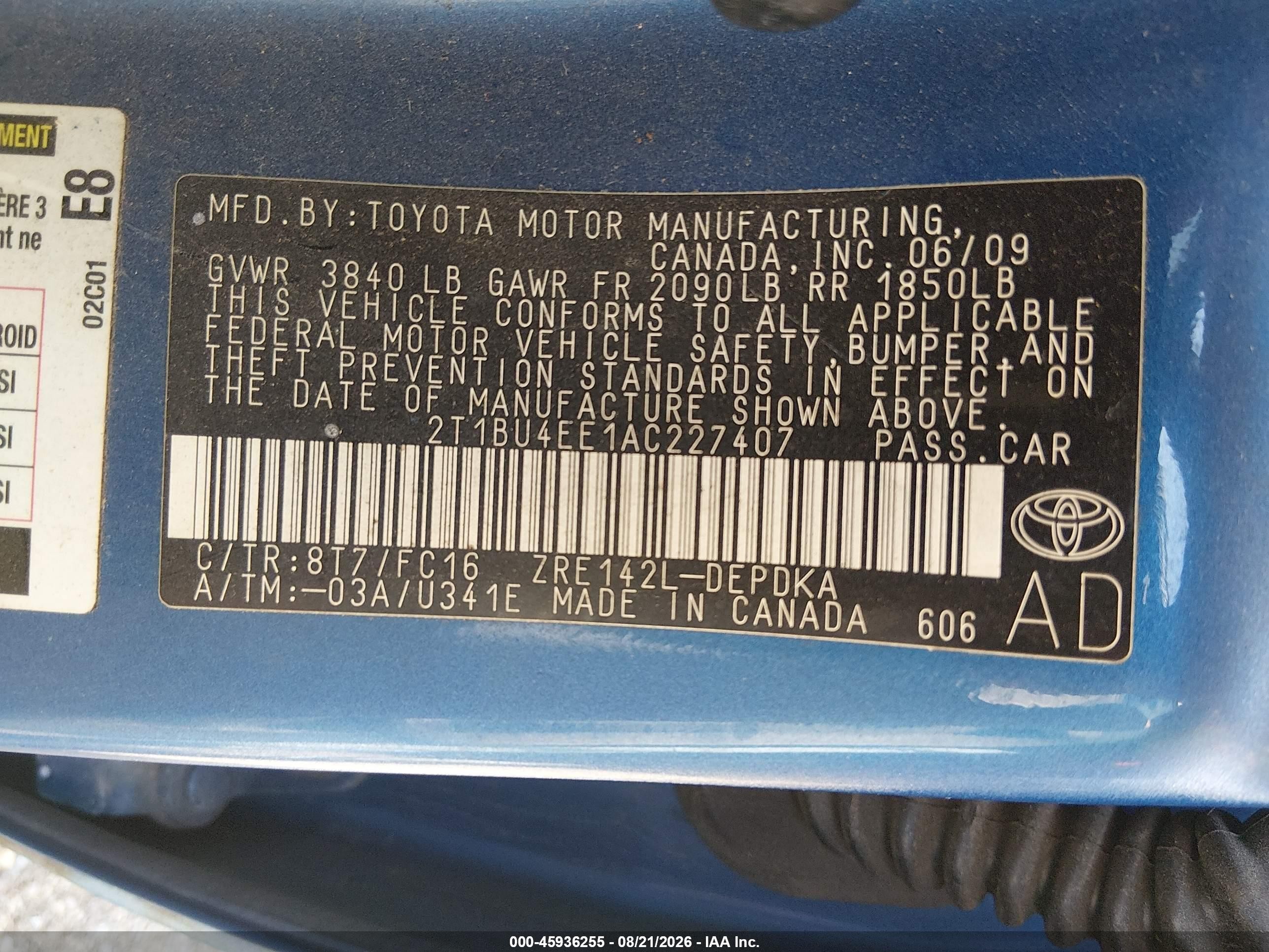 2010 Toyota Corolla Le Blue vin: 2T1BU4EE1AC227407