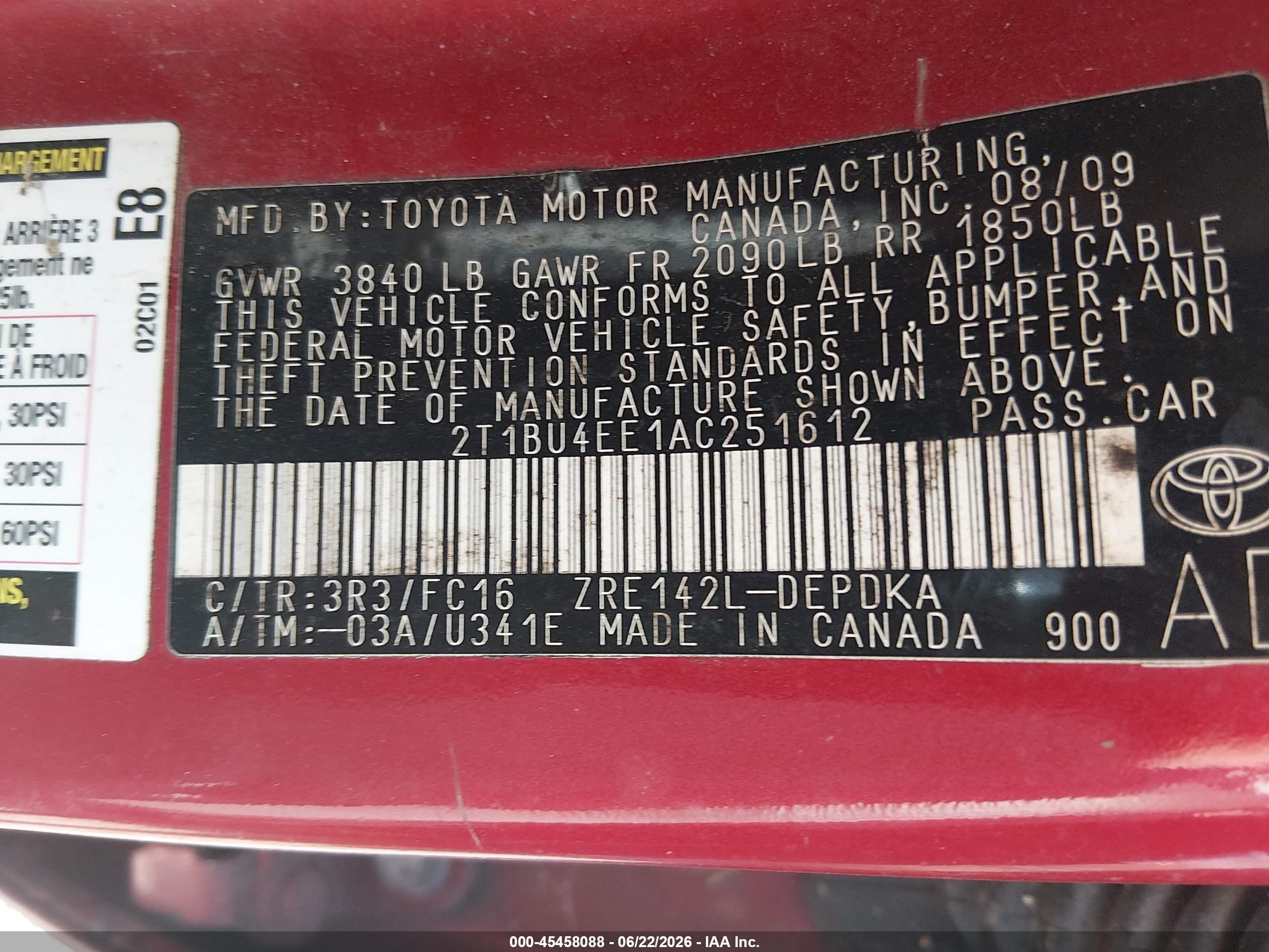 2010 Toyota Corolla Le Red vin: 2T1BU4EE1AC251612