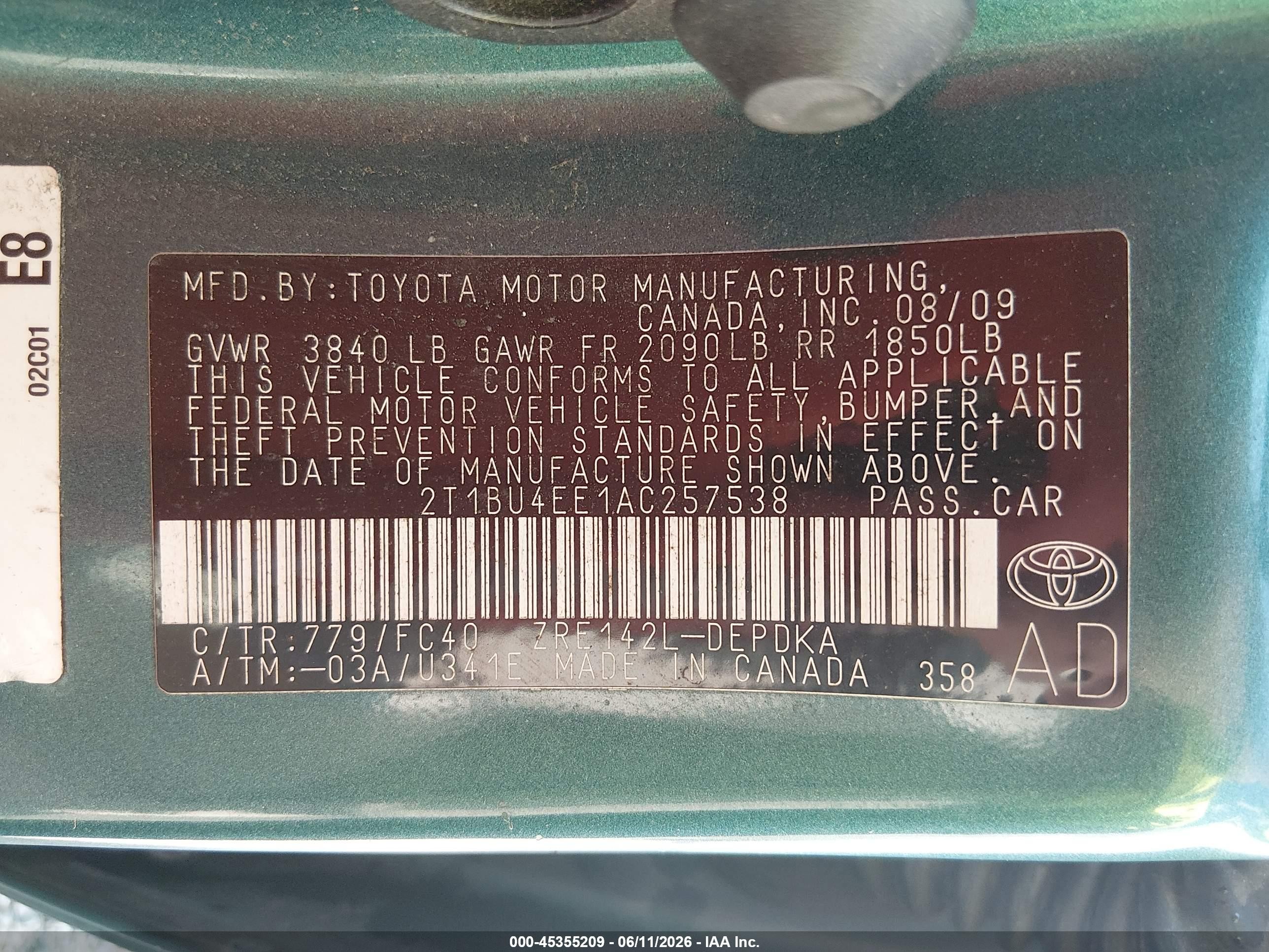 2010 Toyota Corolla Le Turquoise vin: 2T1BU4EE1AC257538