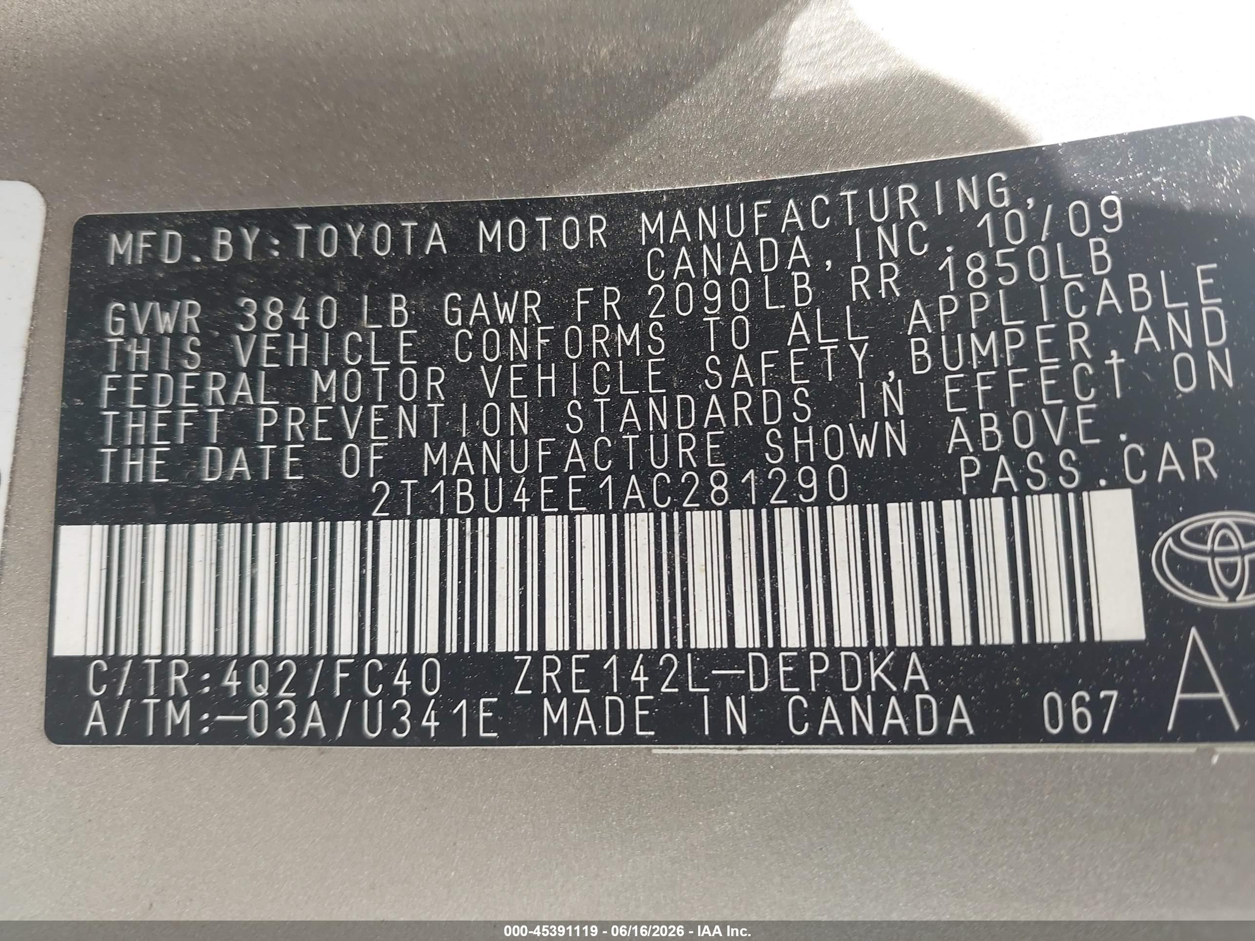 2010 Toyota Corolla Le Gold vin: 2T1BU4EE1AC281290