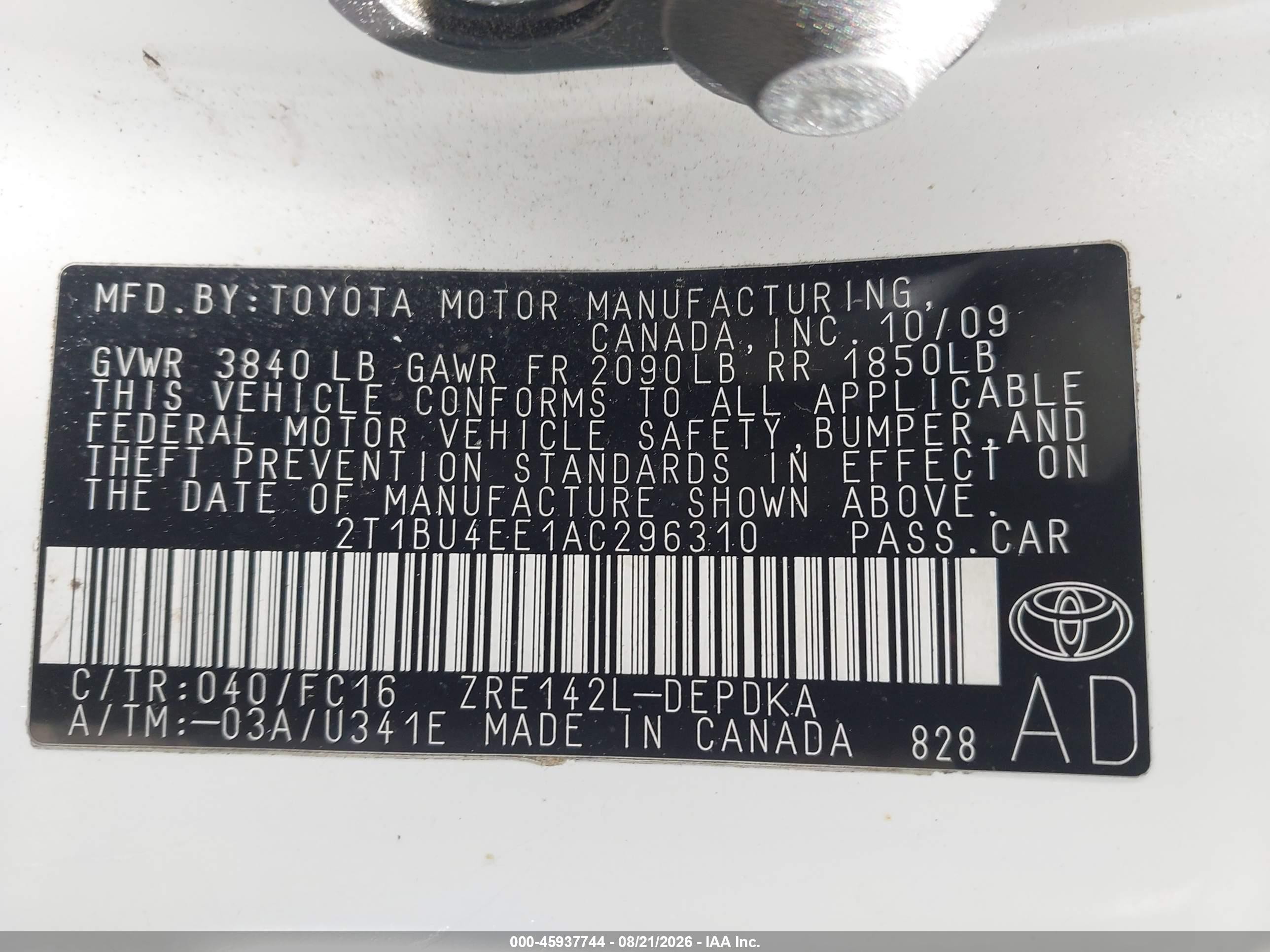 2010 Toyota Corolla Le White vin: 2T1BU4EE1AC296310
