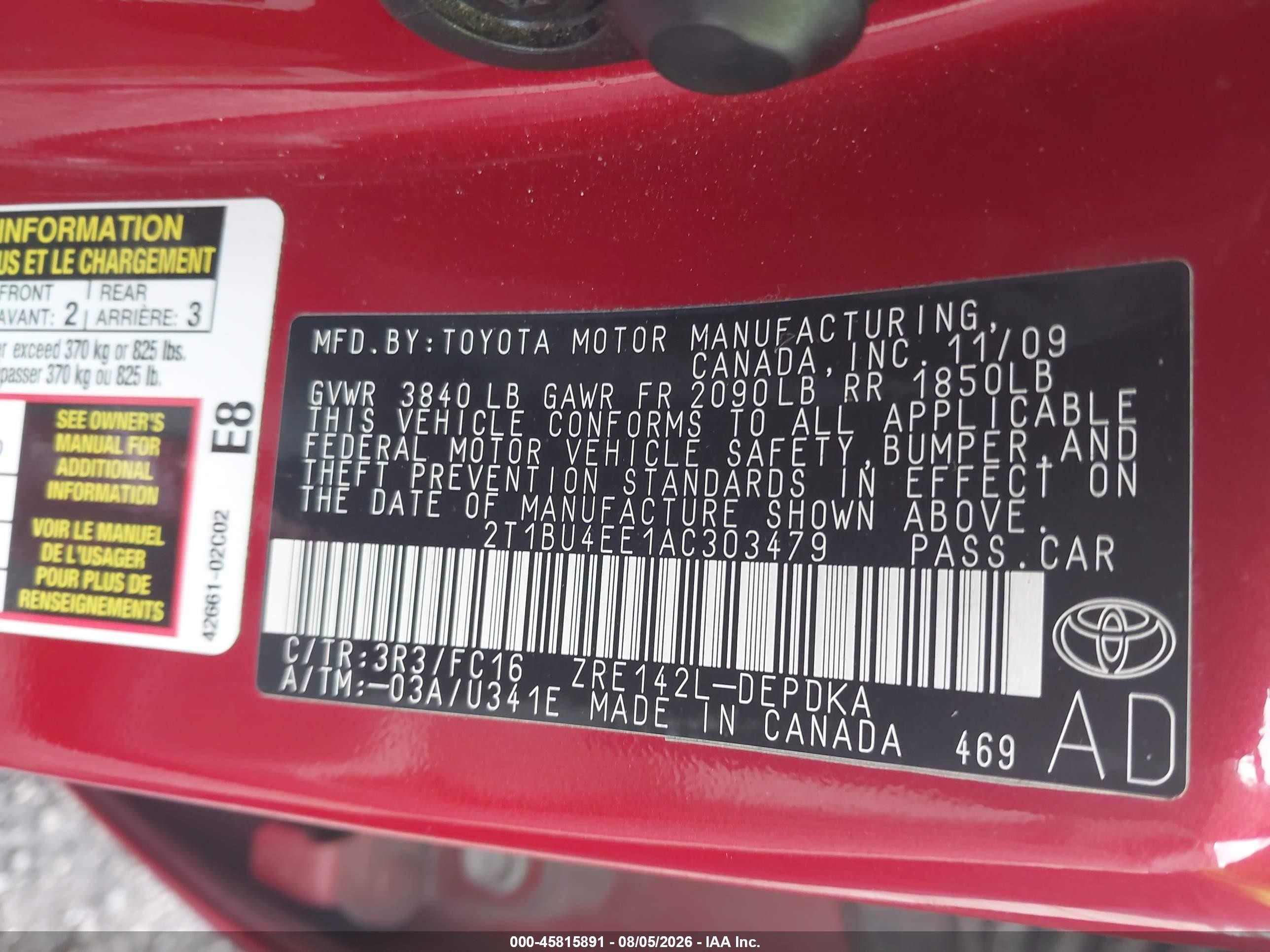 2010 Toyota Corolla Le Красный vin: 2T1BU4EE1AC303479