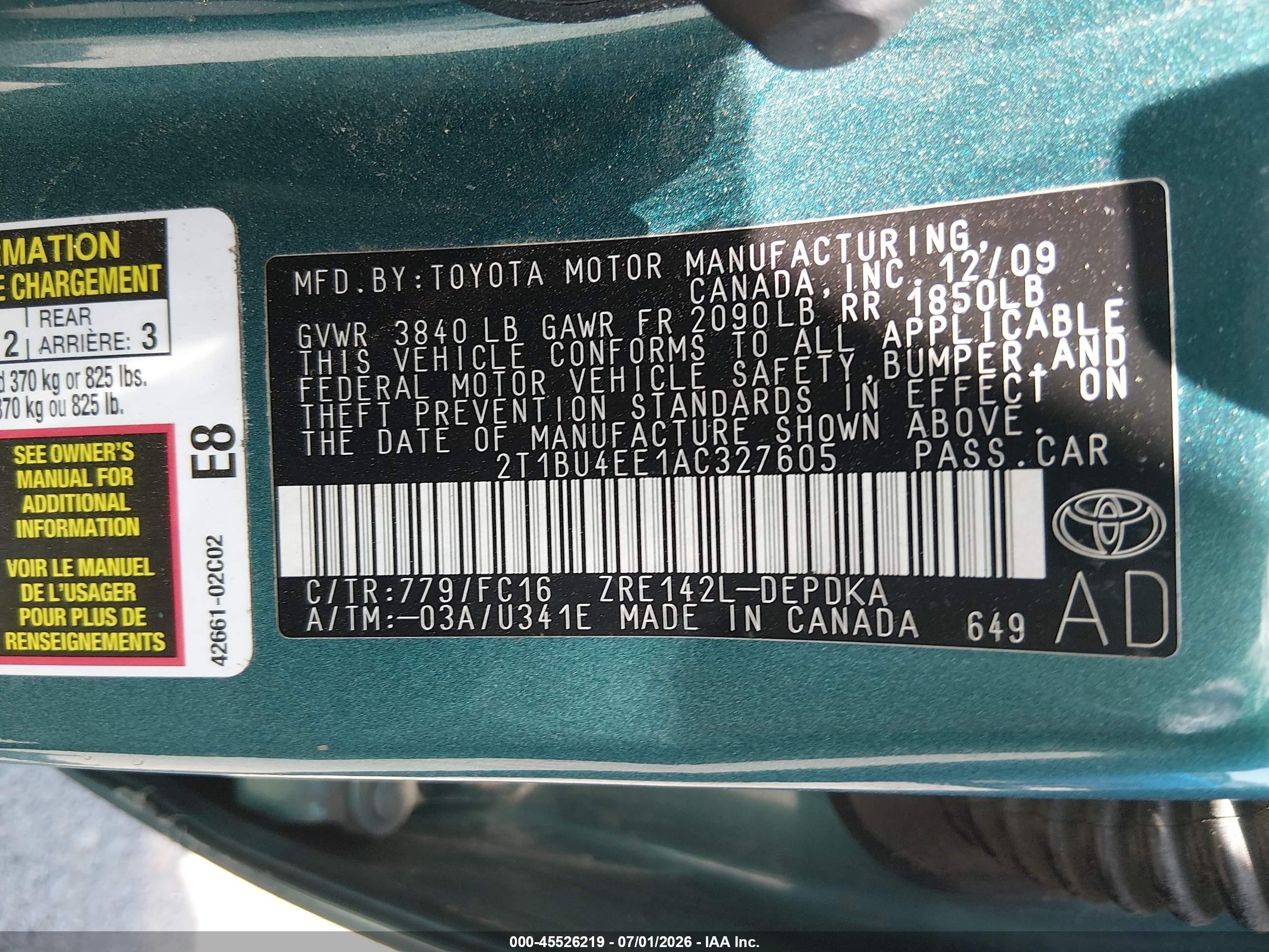 2010 Toyota Corolla Le Green vin: 2T1BU4EE1AC327605