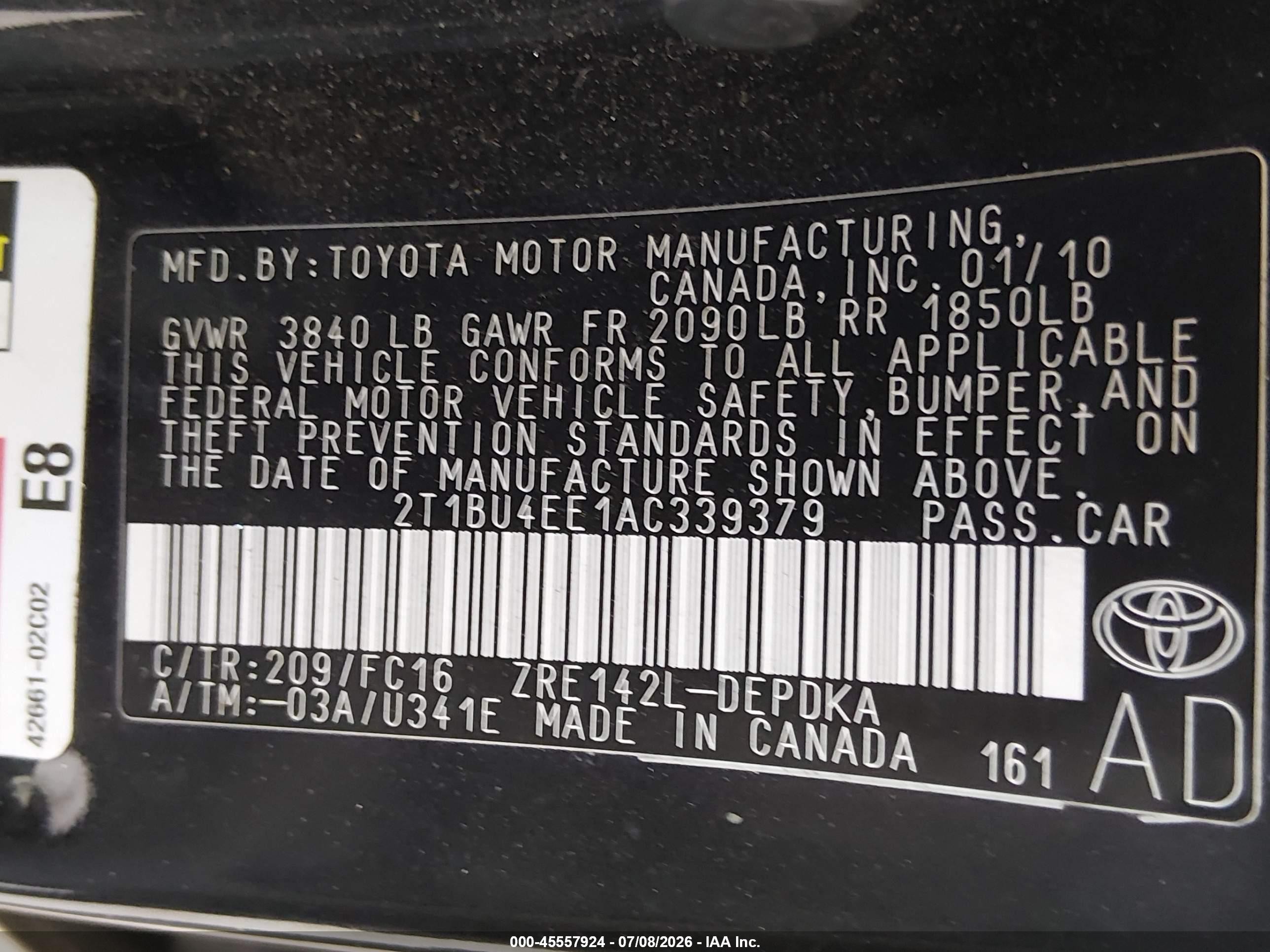 2010 Toyota Corolla Le Black vin: 2T1BU4EE1AC339379