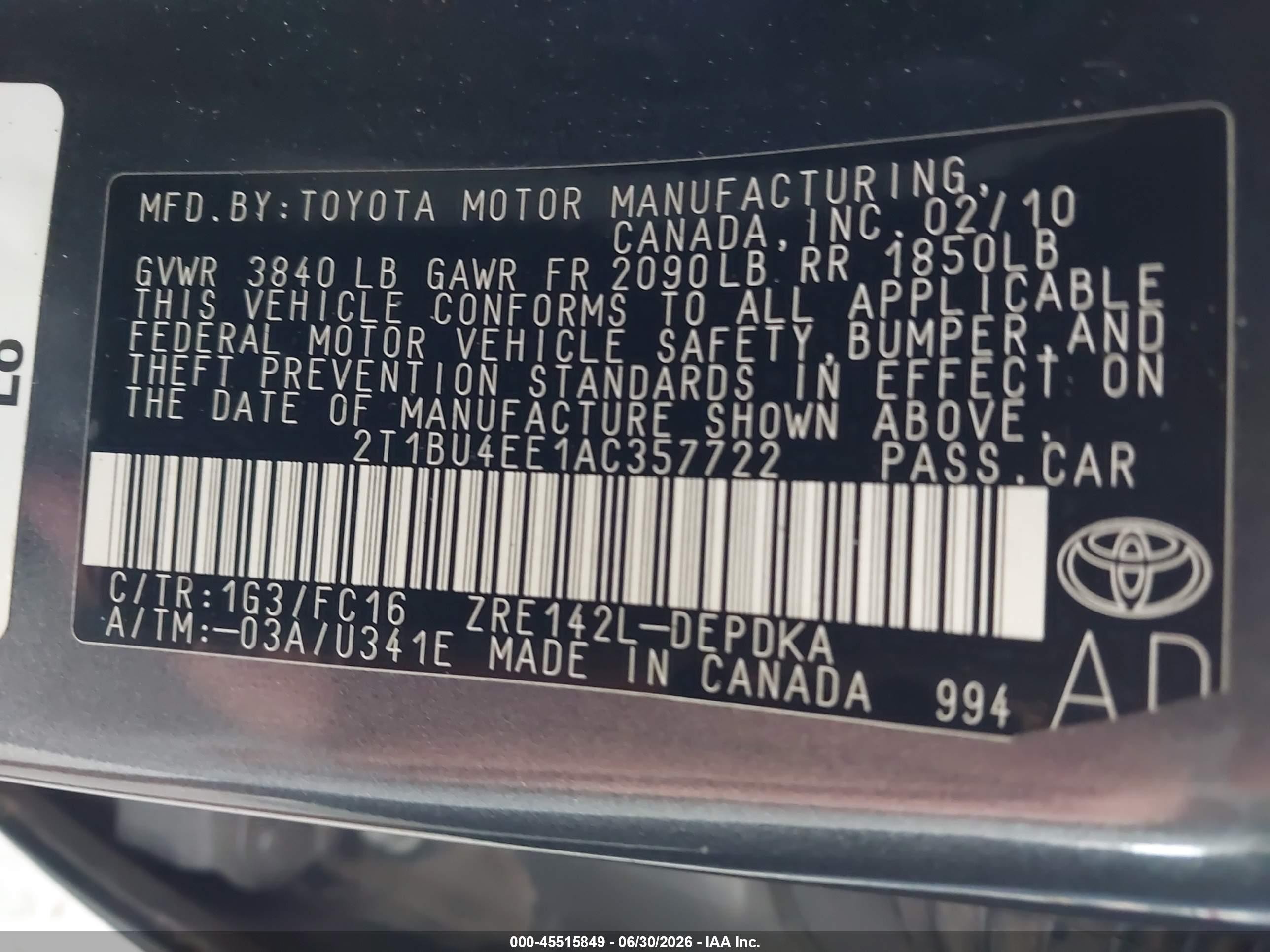2010 Toyota Corolla Le Gray vin: 2T1BU4EE1AC357722