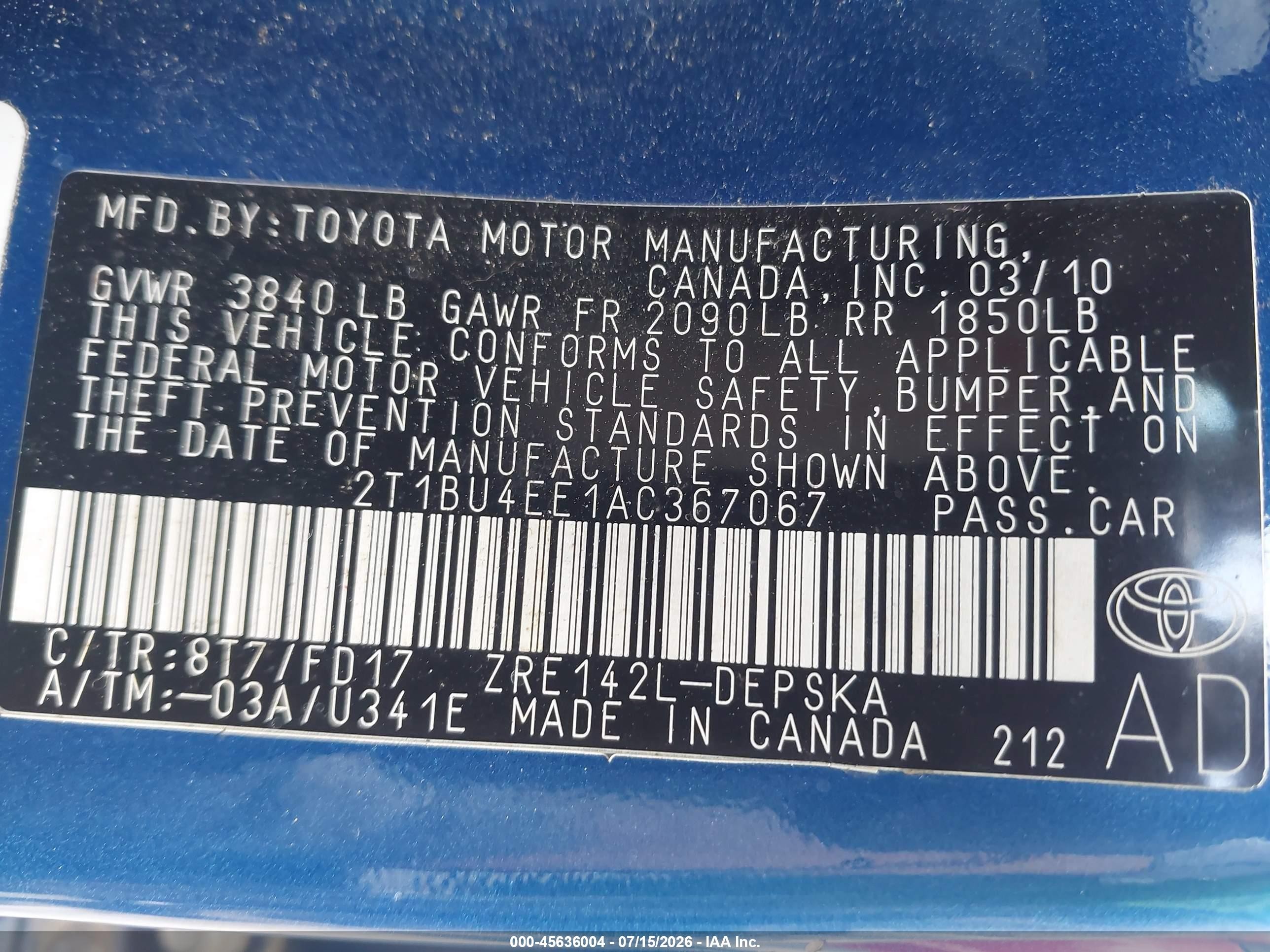 2010 Toyota Corolla S Blue vin: 2T1BU4EE1AC367067
